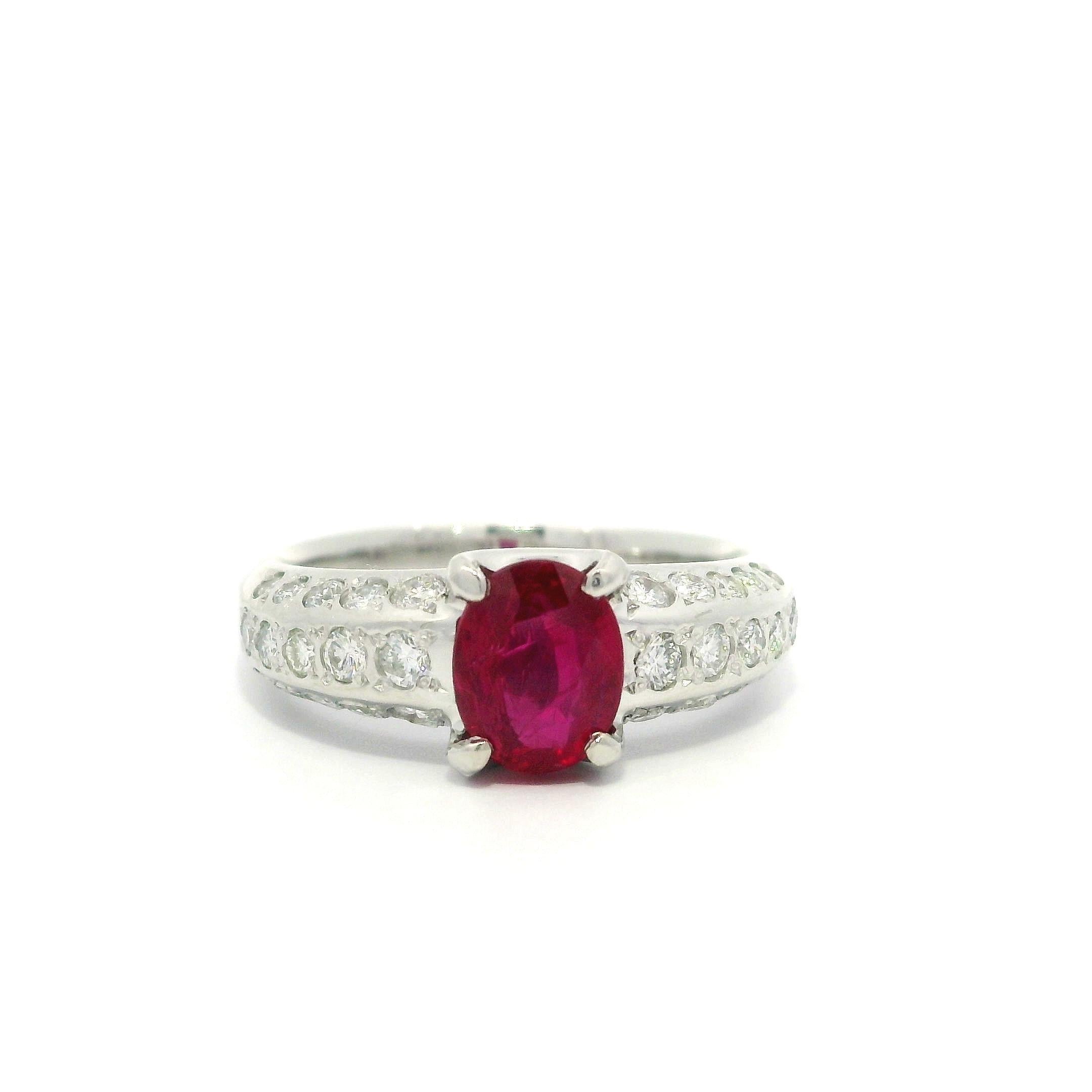Elegant Solid Platinum GIA 1.56ctw Oval No Heat Ruby & Diamond Ring For Sale 6