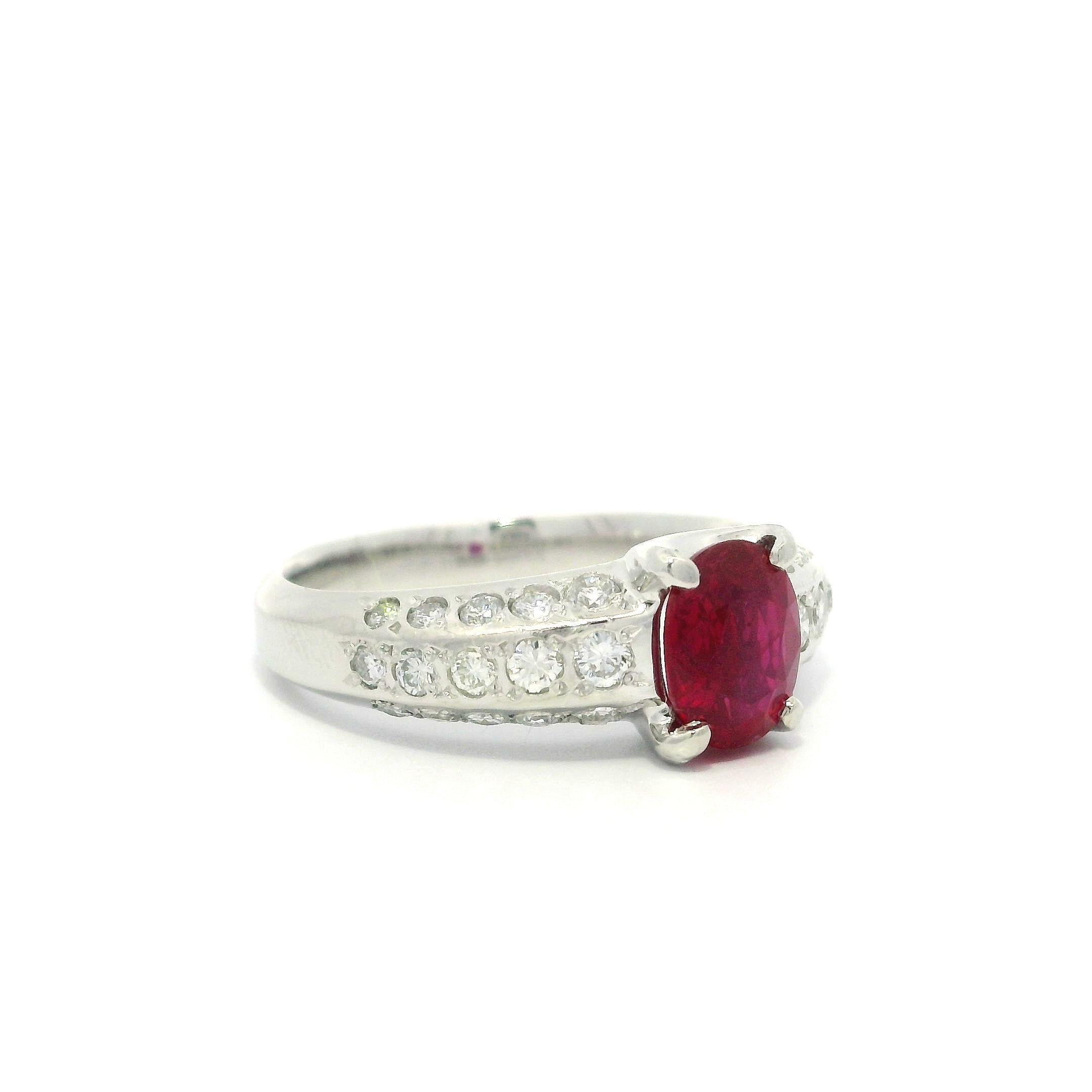 Elegant Solid Platinum GIA 1.56ctw Oval No Heat Ruby & Diamond Ring For Sale 7
