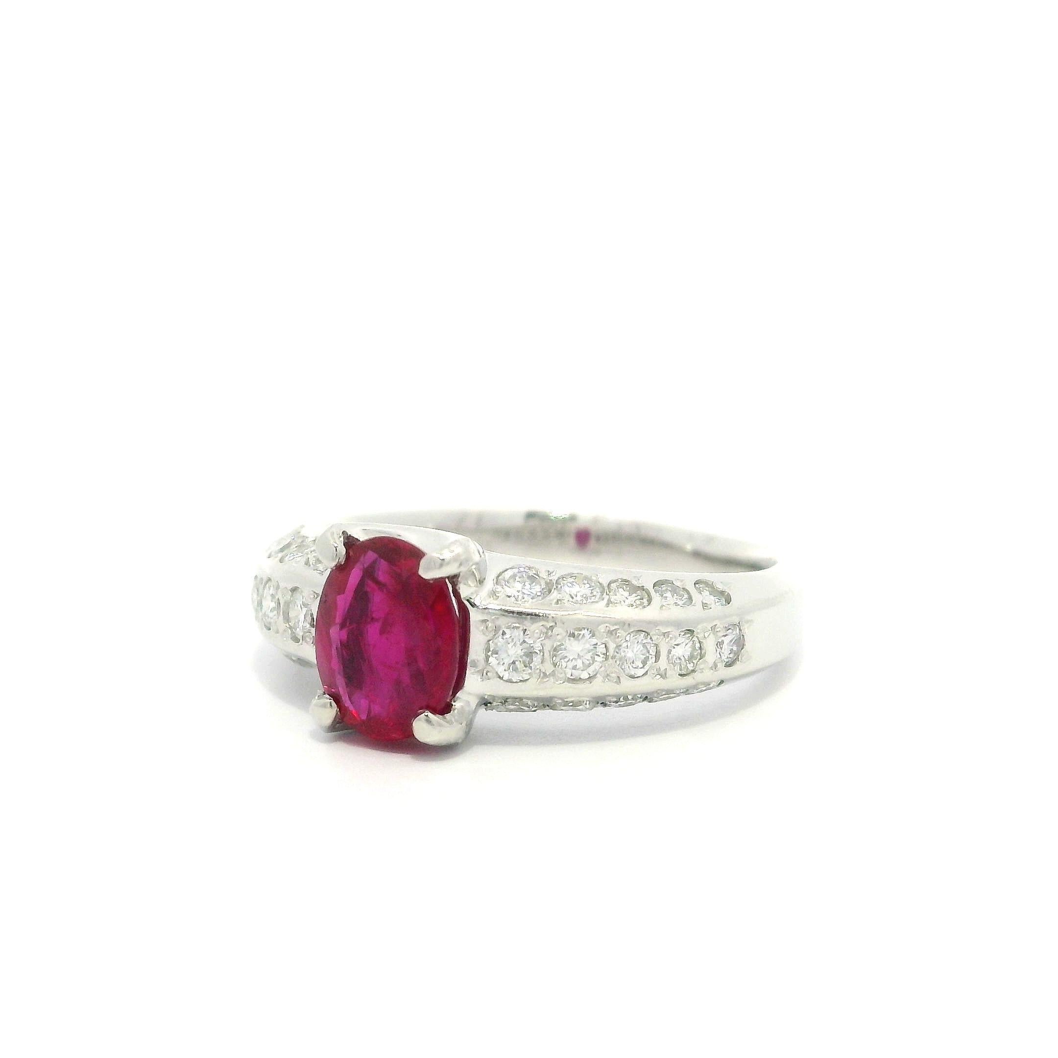 Elegant Solid Platinum GIA 1.56ctw Oval No Heat Ruby & Diamond Ring For Sale 8