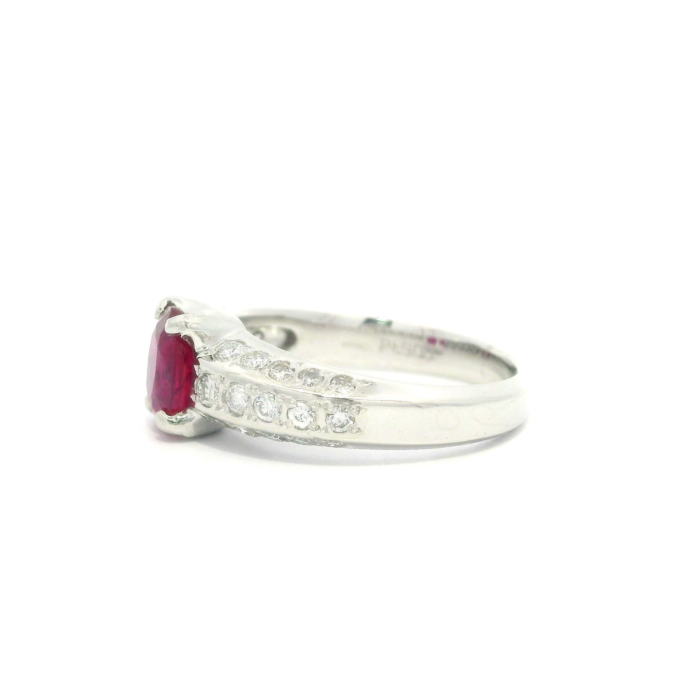 Elegant Solid Platinum GIA 1.56ctw Oval No Heat Ruby & Diamond Ring For Sale 9