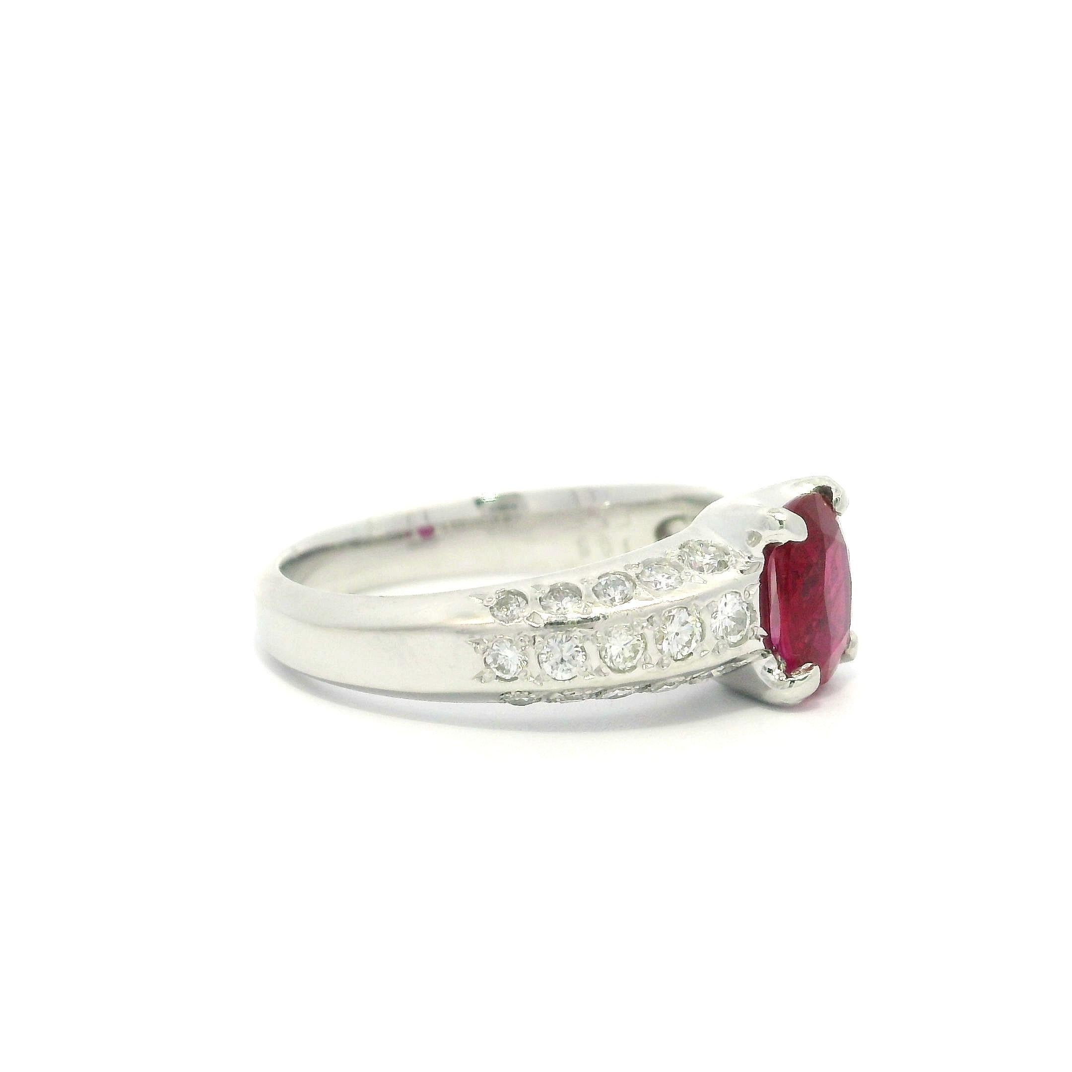 Elegant Solid Platinum GIA 1.56ctw Oval No Heat Ruby & Diamond Ring For Sale 11