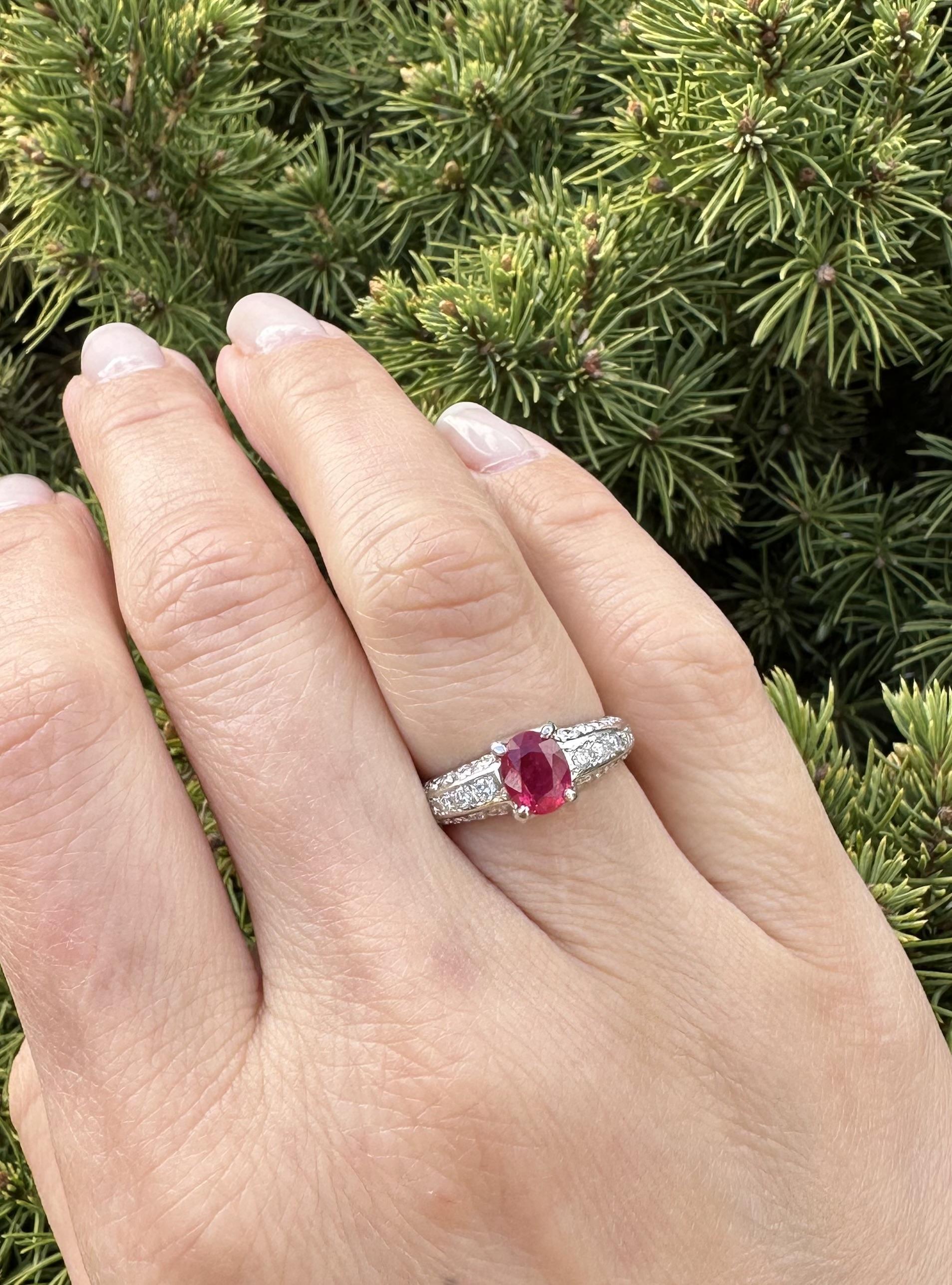 Oval Cut Elegant Solid Platinum GIA 1.56ctw Oval No Heat Ruby & Diamond Ring For Sale