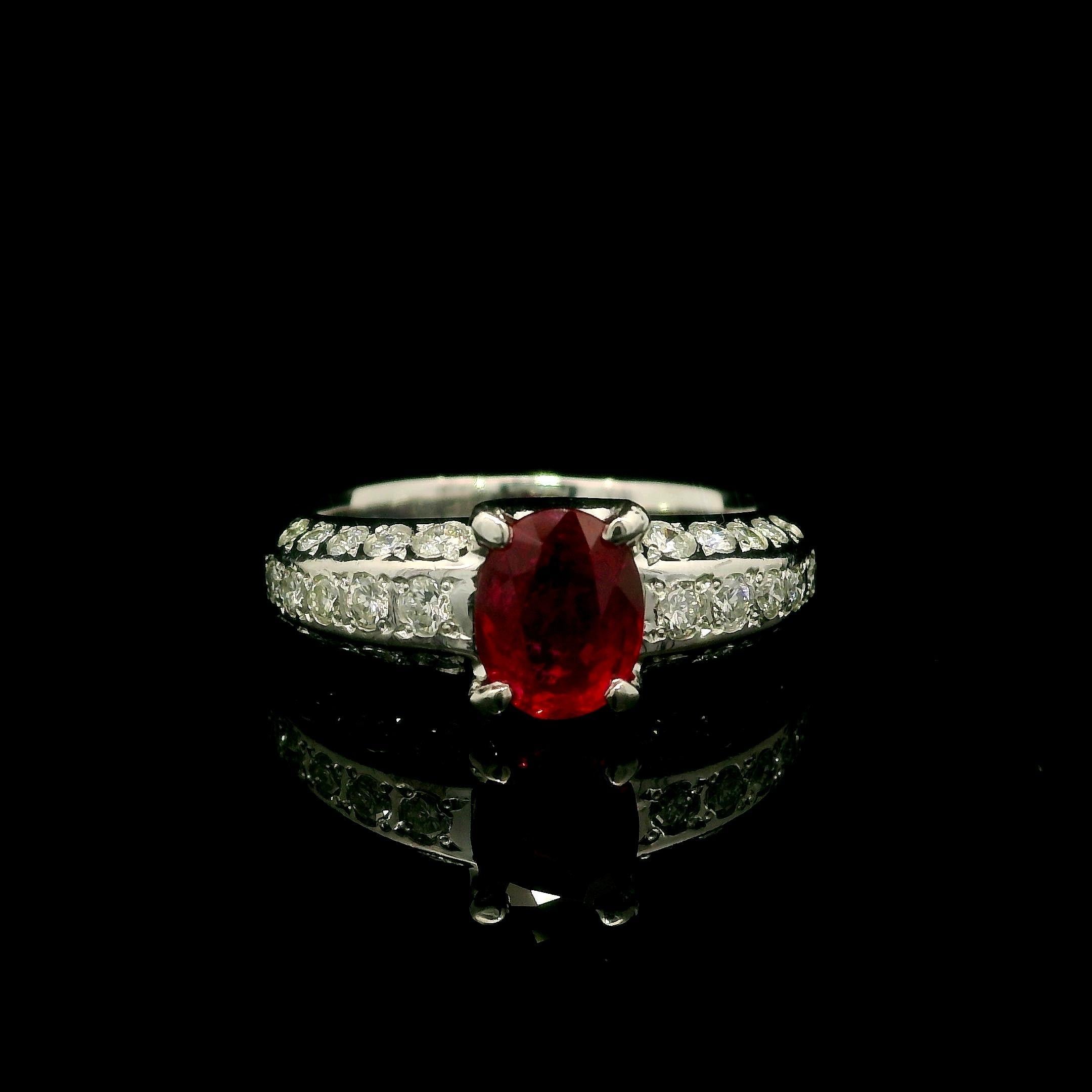 Elegant Solid Platinum GIA 1.56ctw Oval No Heat Ruby & Diamond Ring For Sale 1
