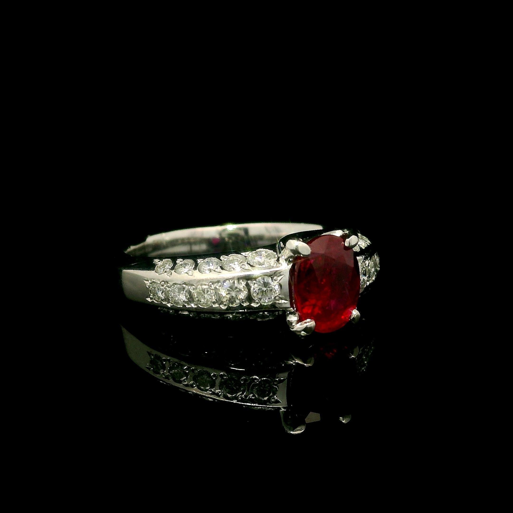 Elegant Solid Platinum GIA 1.56ctw Oval No Heat Ruby & Diamond Ring For Sale 2