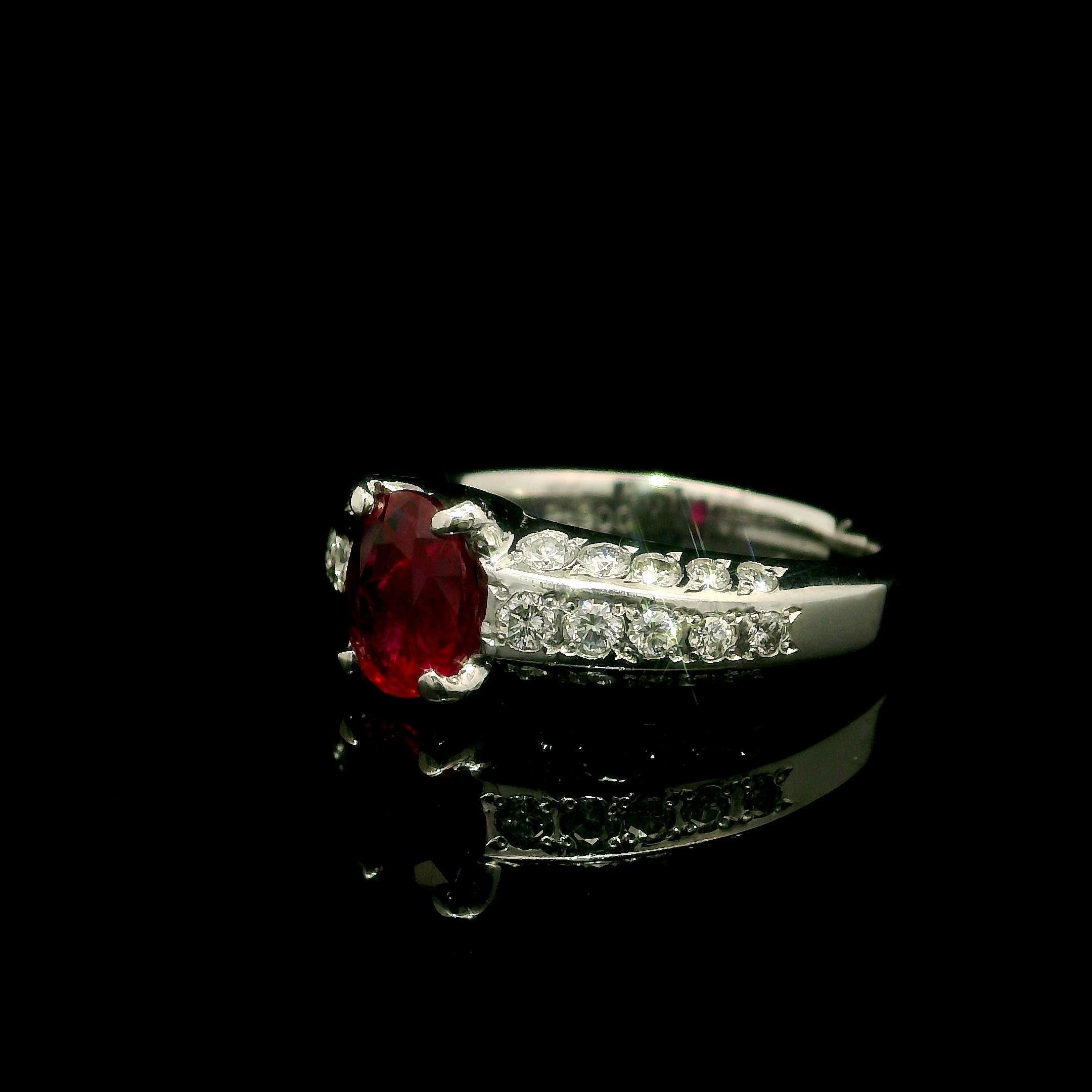Elegant Solid Platinum GIA 1.56ctw Oval No Heat Ruby & Diamond Ring For Sale 3