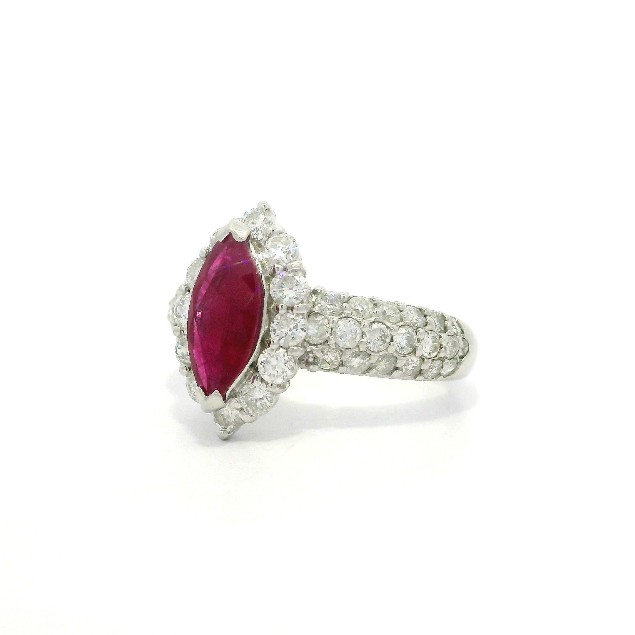 Elegant Solid Platinum GIA 2.28ctw Marquise Burma Ruby & Diamond Ring For Sale 5