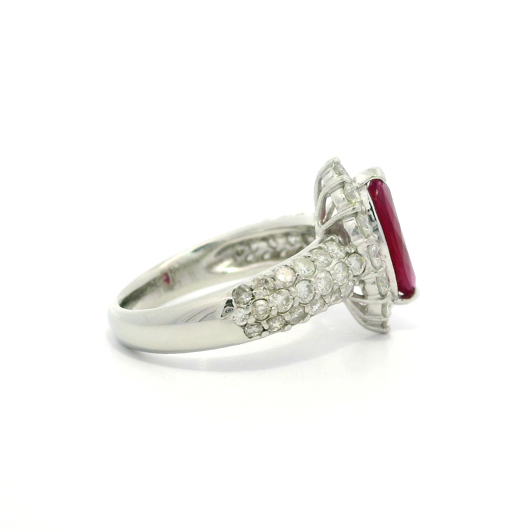 Elegant Solid Platinum GIA 2.28ctw Marquise Burma Ruby & Diamond Ring For Sale 7