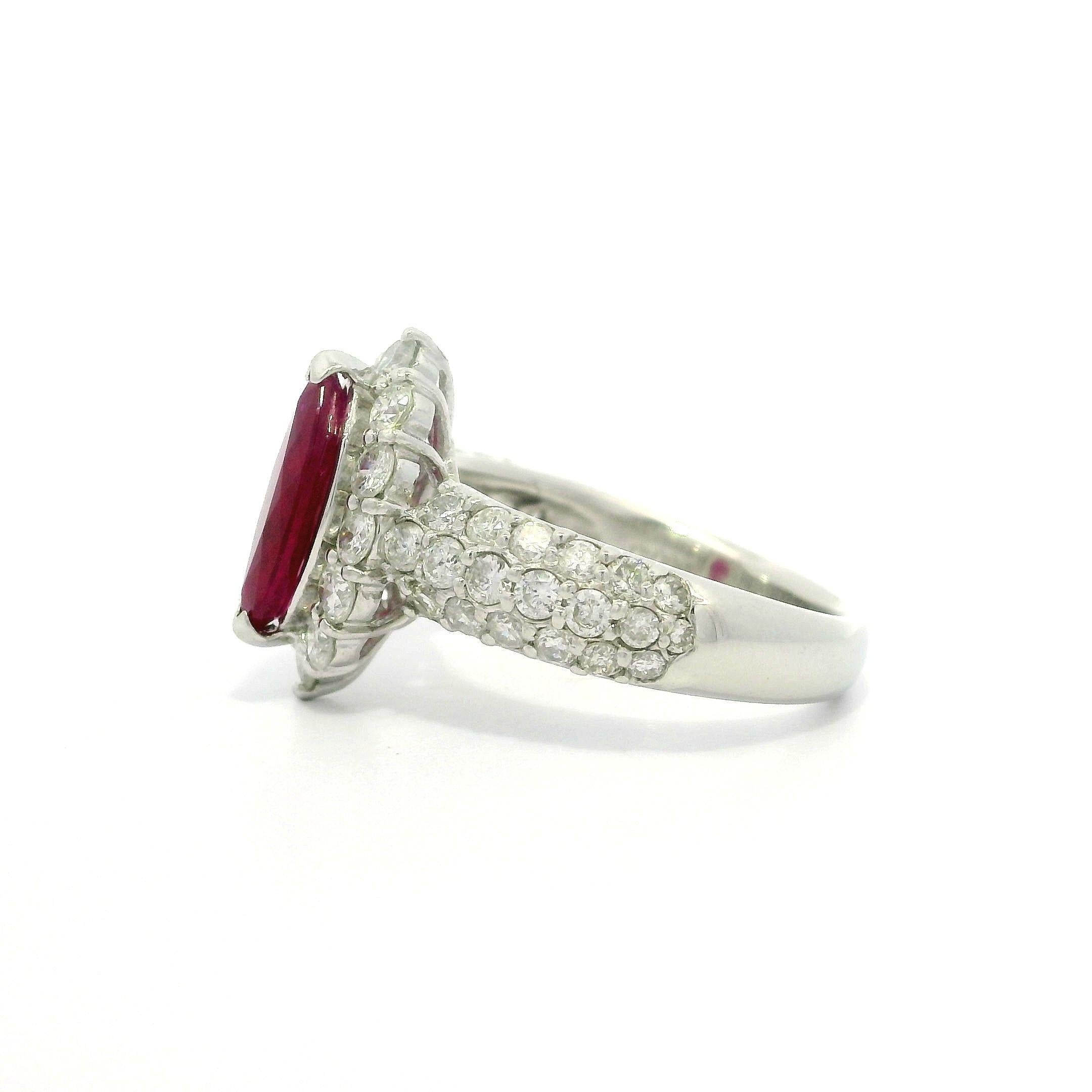 Elegant Solid Platinum GIA 2.28ctw Marquise Burma Ruby & Diamond Ring For Sale 8