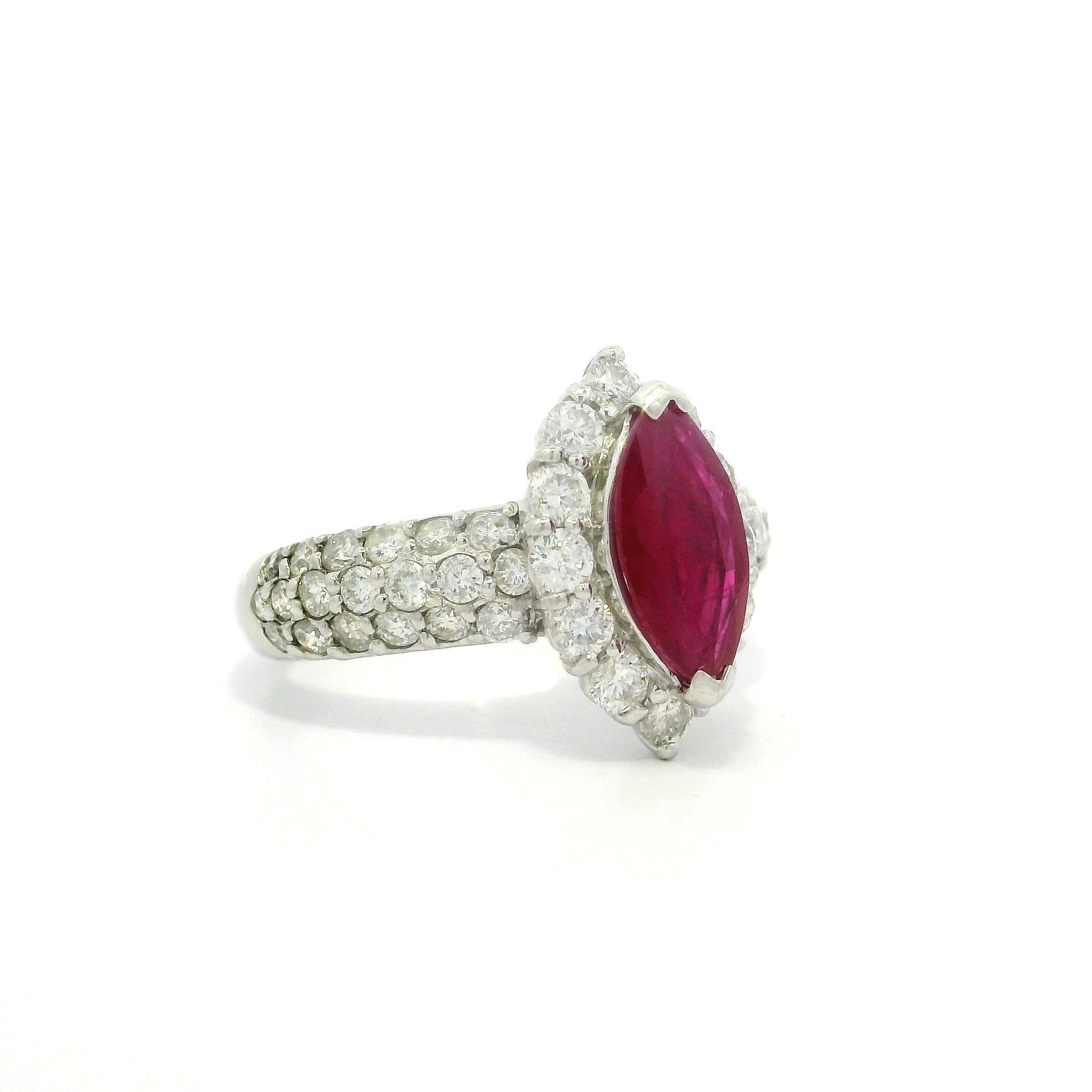 Elegant Solid Platinum GIA 2.28ctw Marquise Burma Ruby & Diamond Ring For Sale 10