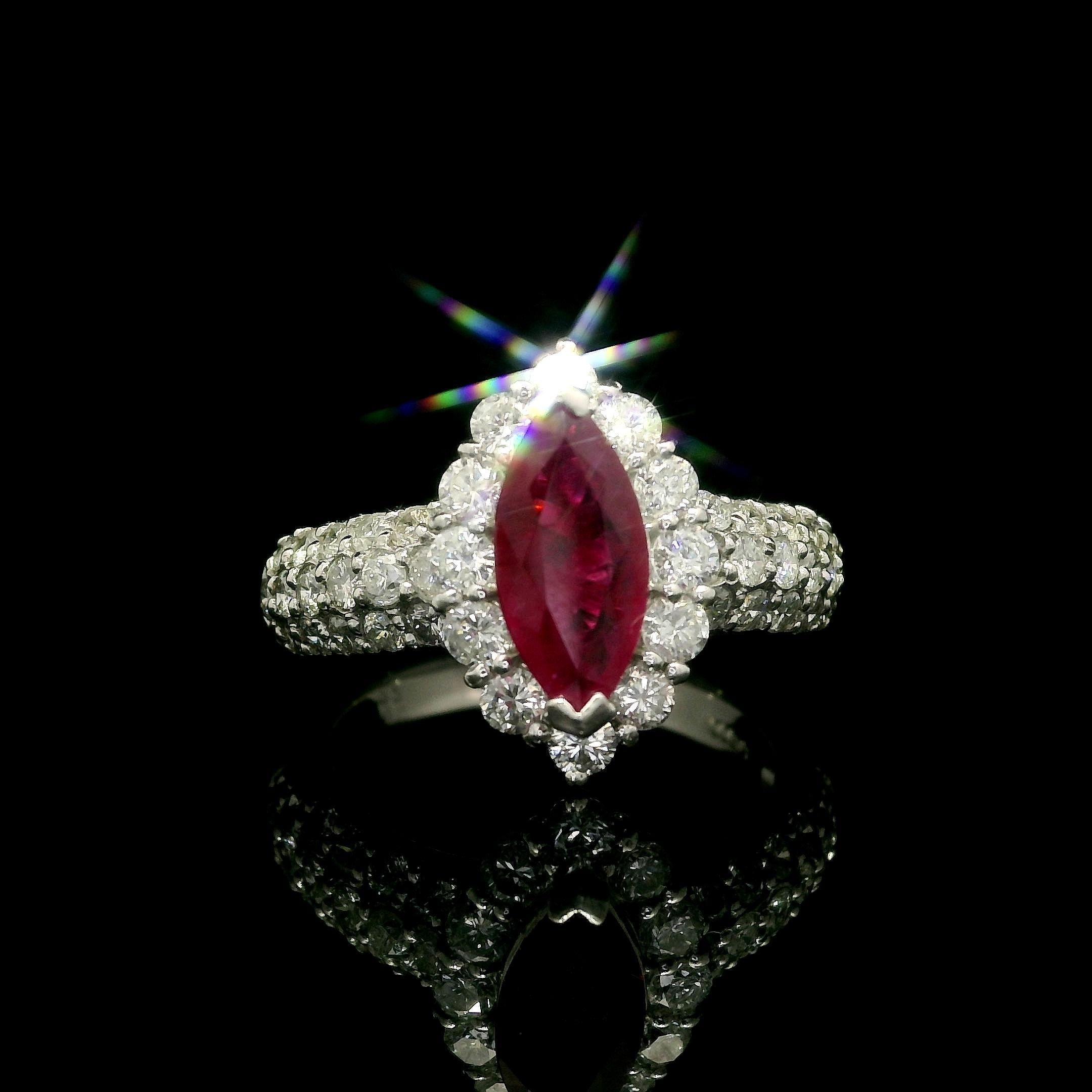 Women's Elegant Solid Platinum GIA 2.28ctw Marquise Burma Ruby & Diamond Ring For Sale