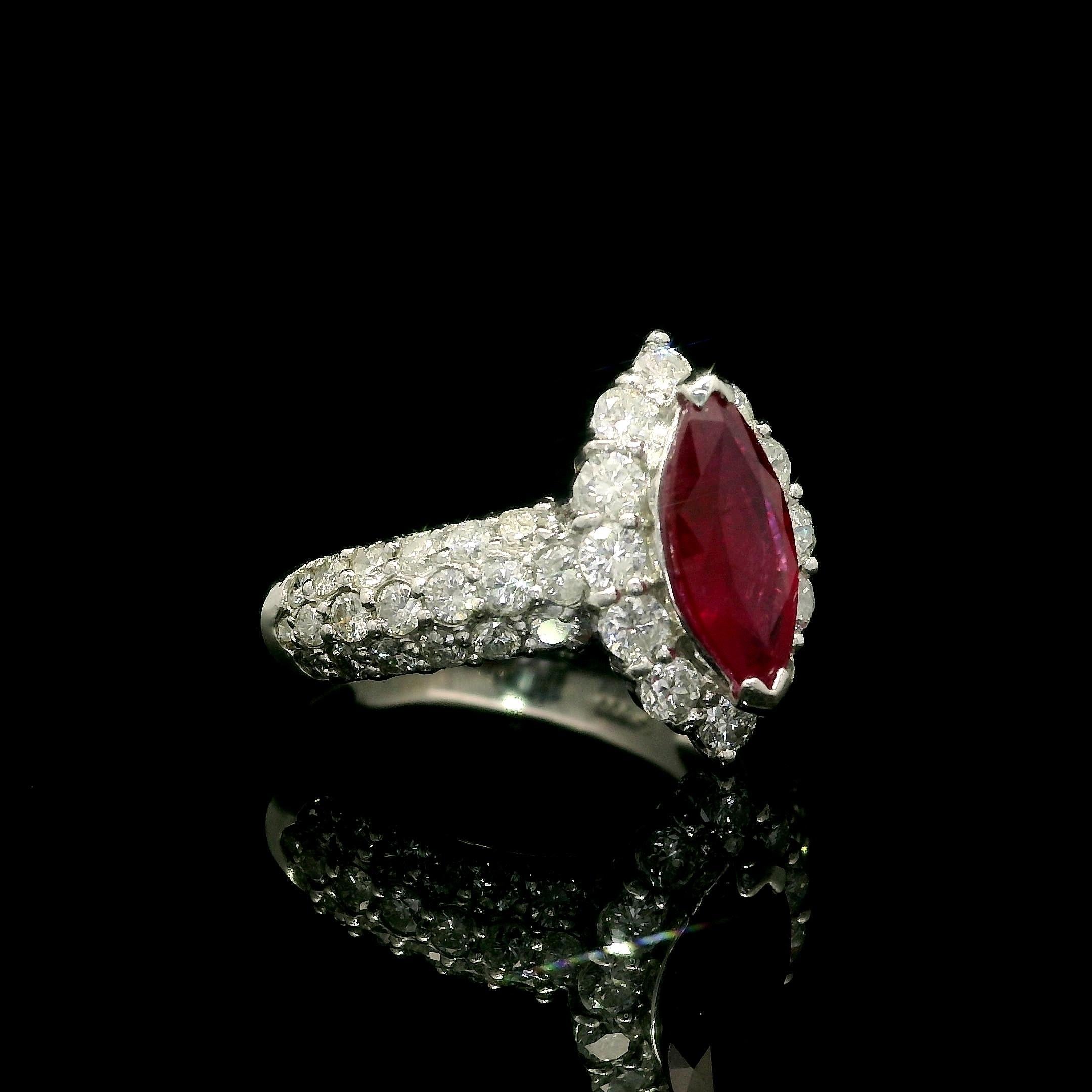 Elegant Solid Platinum GIA 2.28ctw Marquise Burma Ruby & Diamond Ring For Sale 1