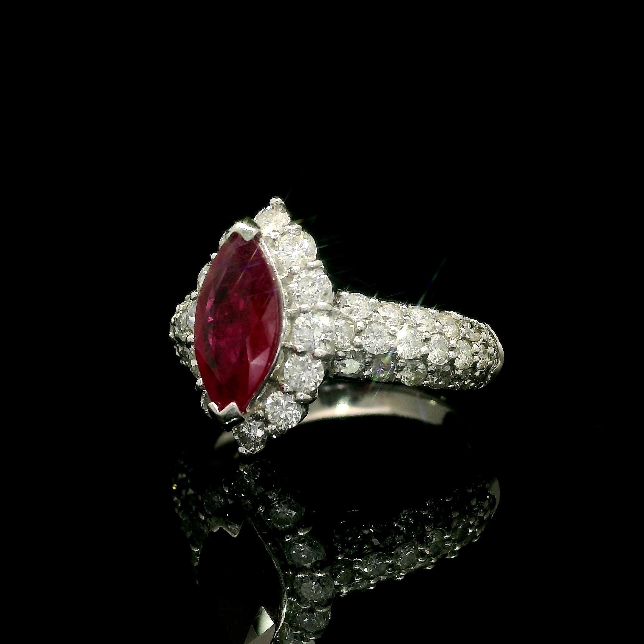 Elegant Solid Platinum GIA 2.28ctw Marquise Burma Ruby & Diamond Ring For Sale 2
