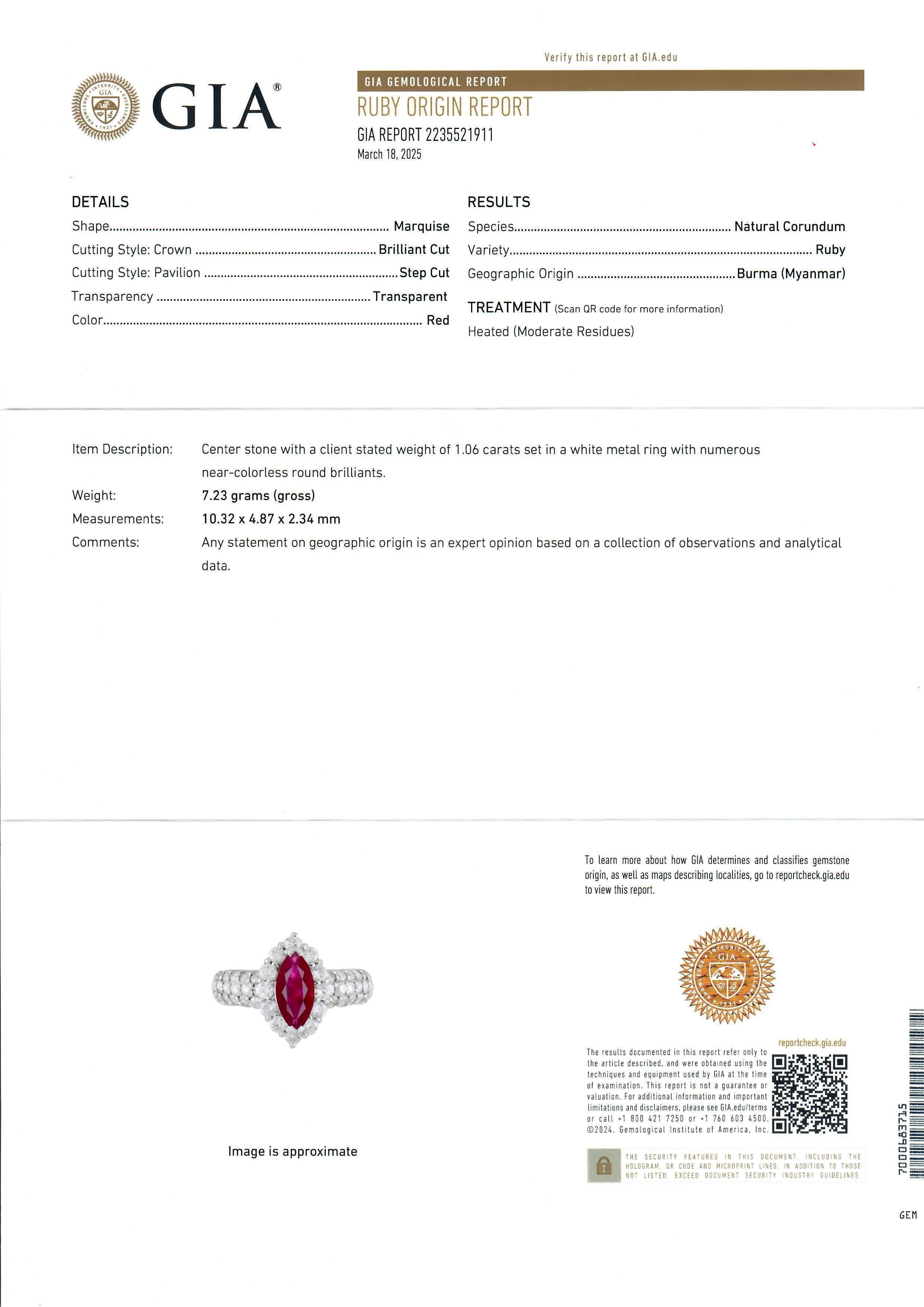 Elegant Solid Platinum GIA 2.28ctw Marquise Burma Ruby & Diamond Ring For Sale 3