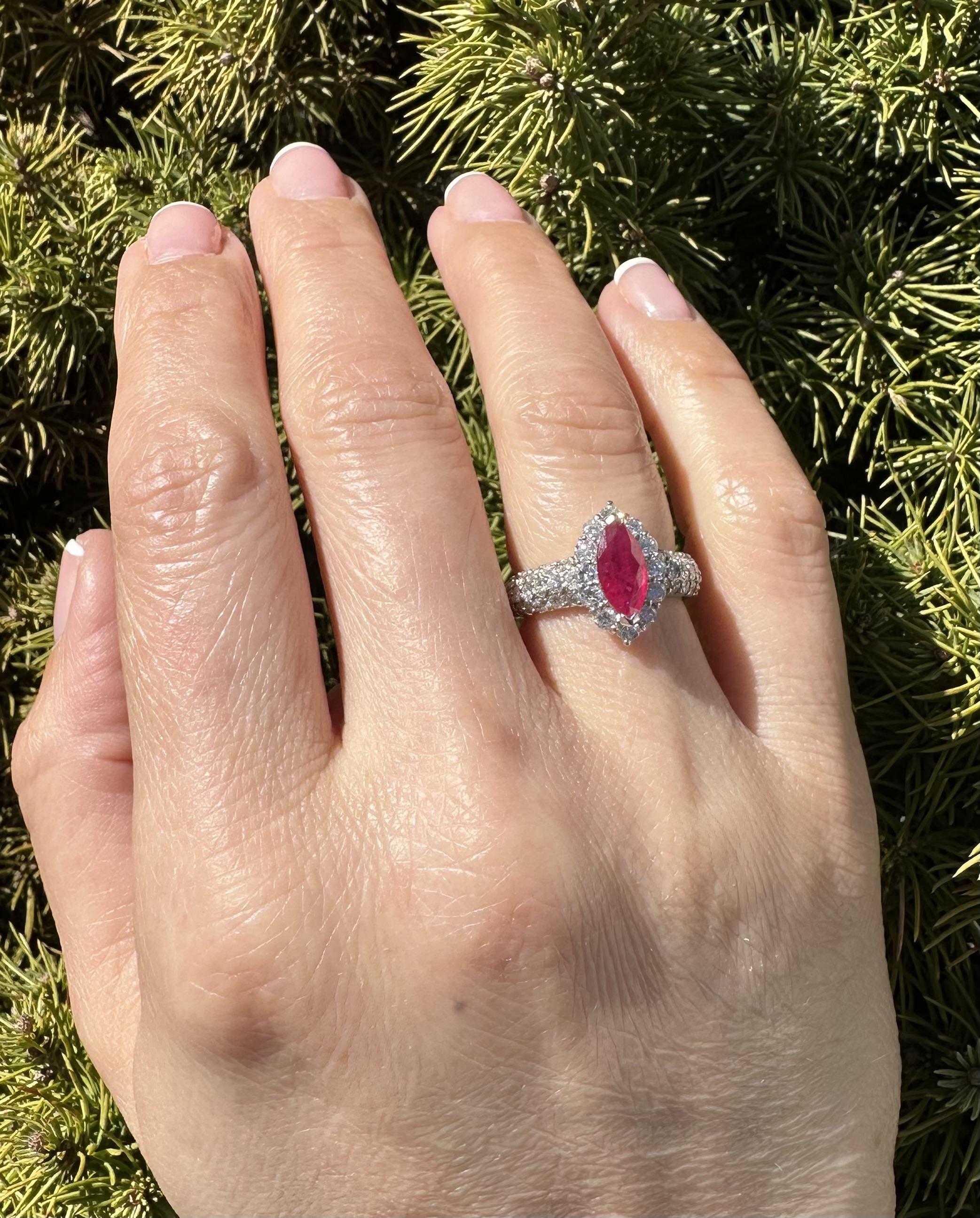 Elegant Solid Platinum GIA 2.28ctw Marquise Burma Ruby & Diamond Ring For Sale 4