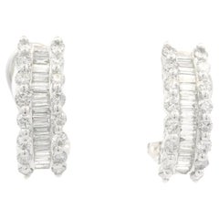 Elegant Solid White Gold 1.29ct Brilliant Baguette & Round Diamond Cuff Earrings