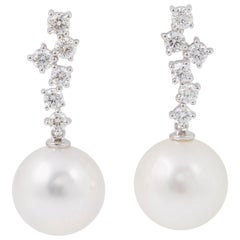 Elegant South Sea Pearl and Diamonds Dangle Drop Earrings
