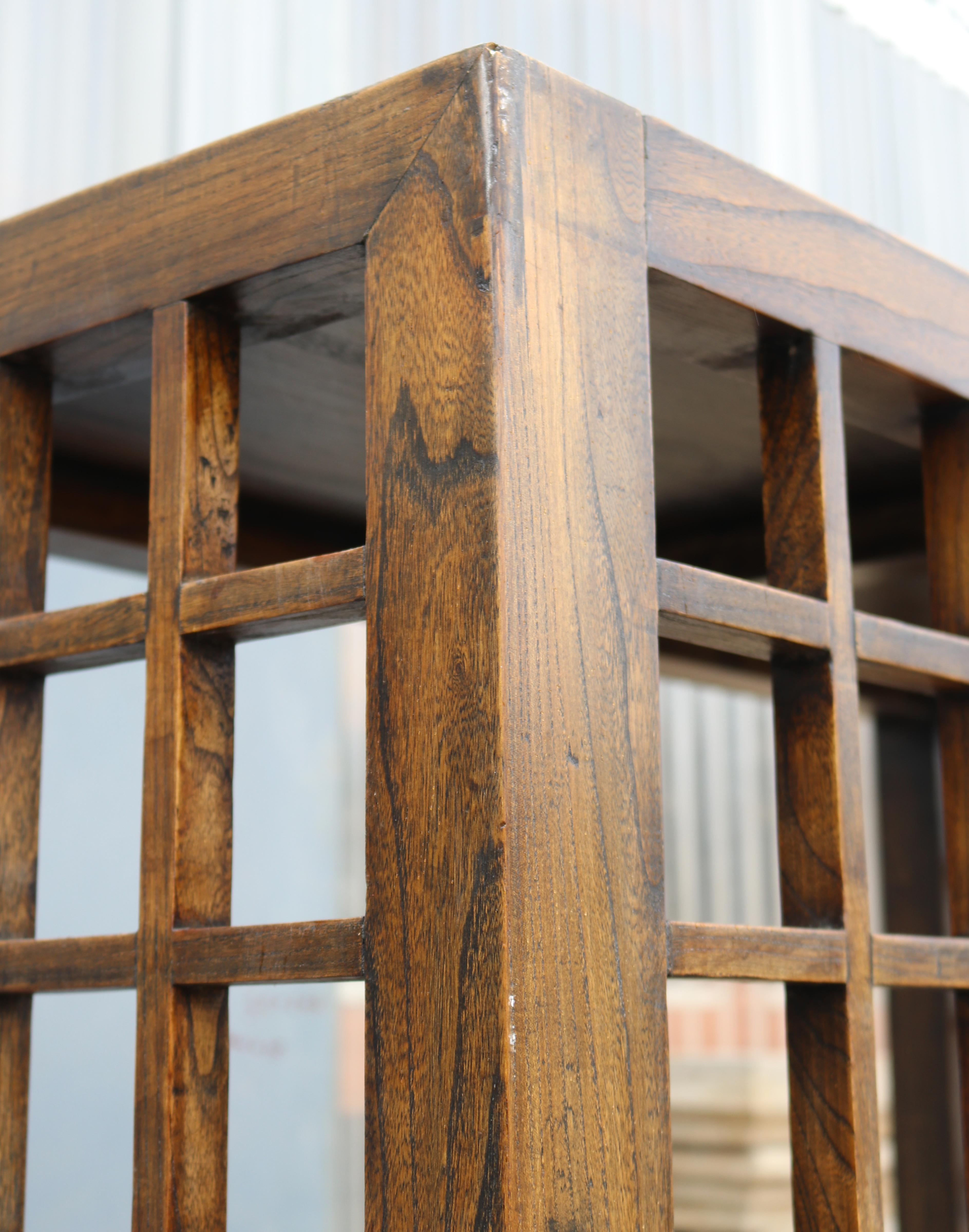 Wood Elegant Spanish 4-Shelf Elm Grid Bookcase For Sale