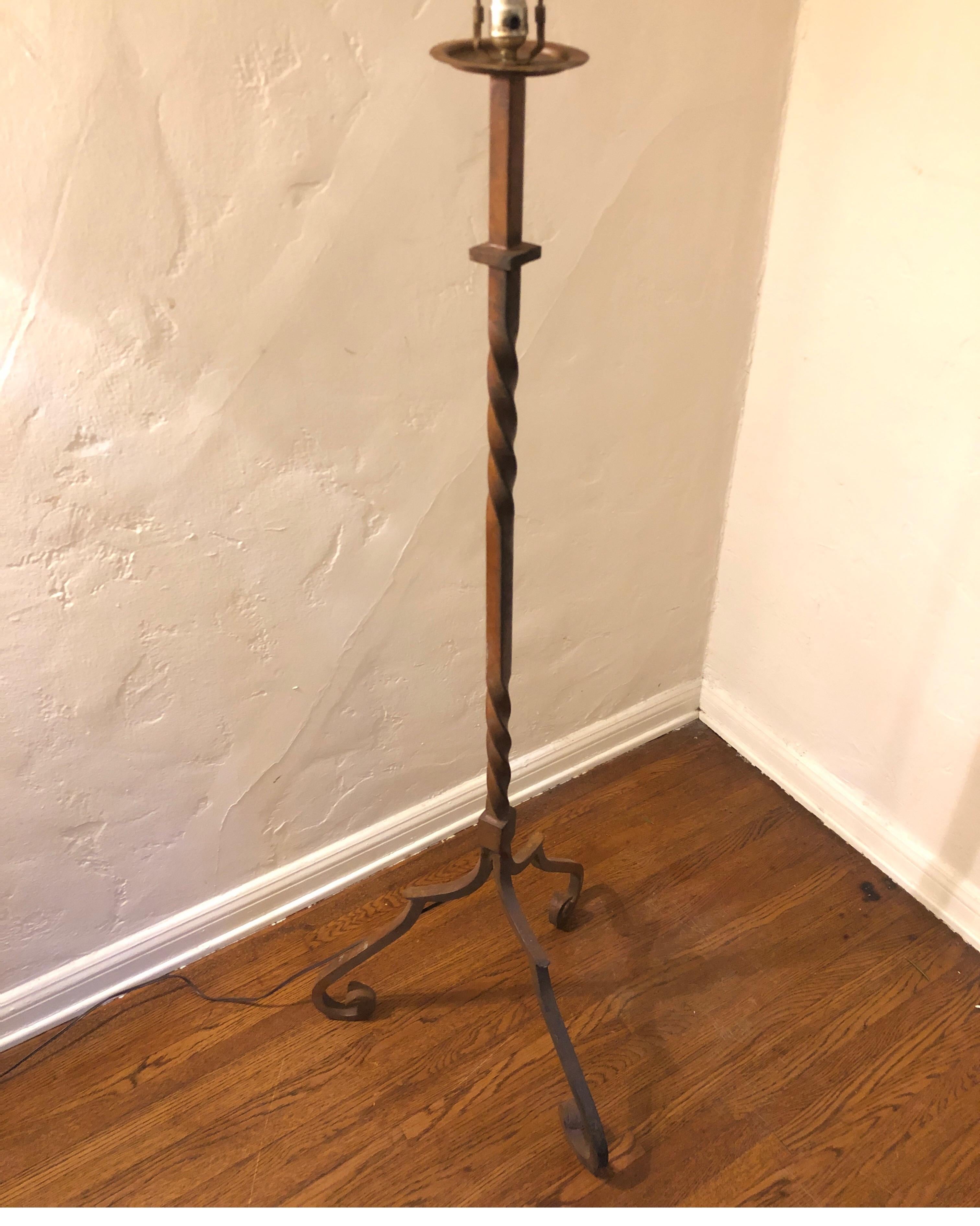 20th Century Elegant Spanish Hand Forged Twisted Iron Floor Lamp, Midcentury