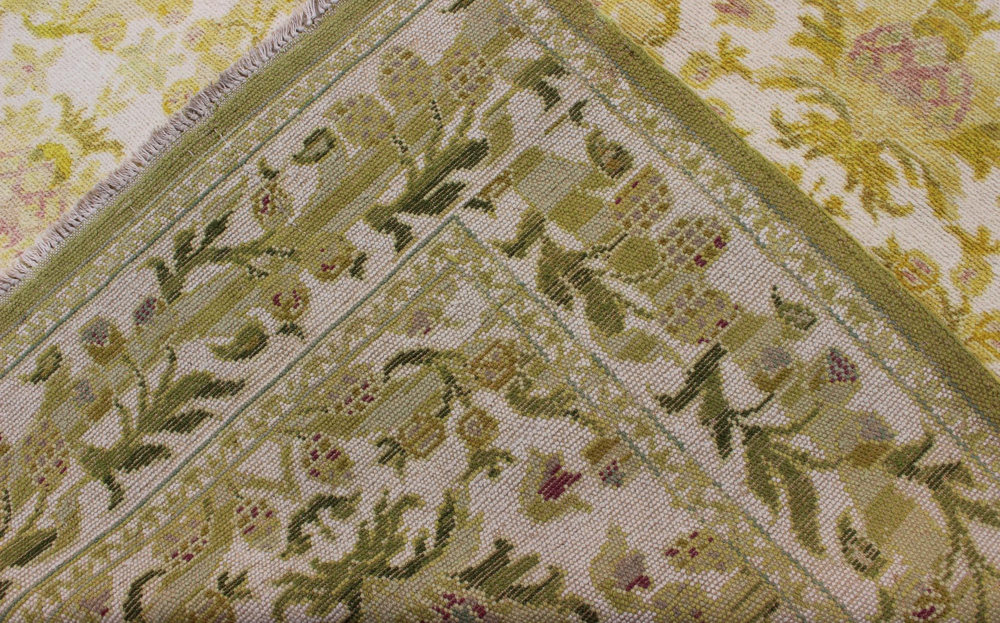 Elegant Spanish Rug with Floral Design in Golden-Green, Acid Green and White For Sale 3