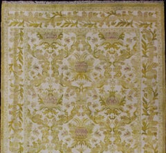 Elegant Spanish Rug with Floral Design in Golden-Green, Acid Green and White