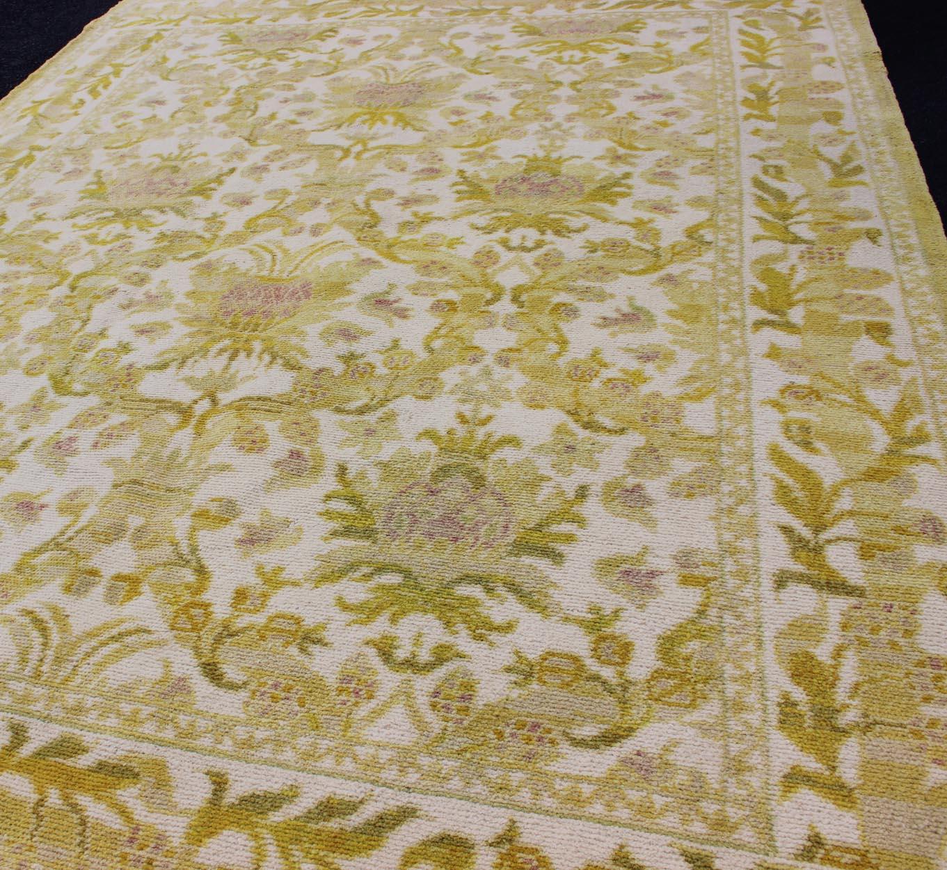 Arts and Crafts Elegant Spanish Rug with Floral Design in Golden-Green, Acid Green and White For Sale