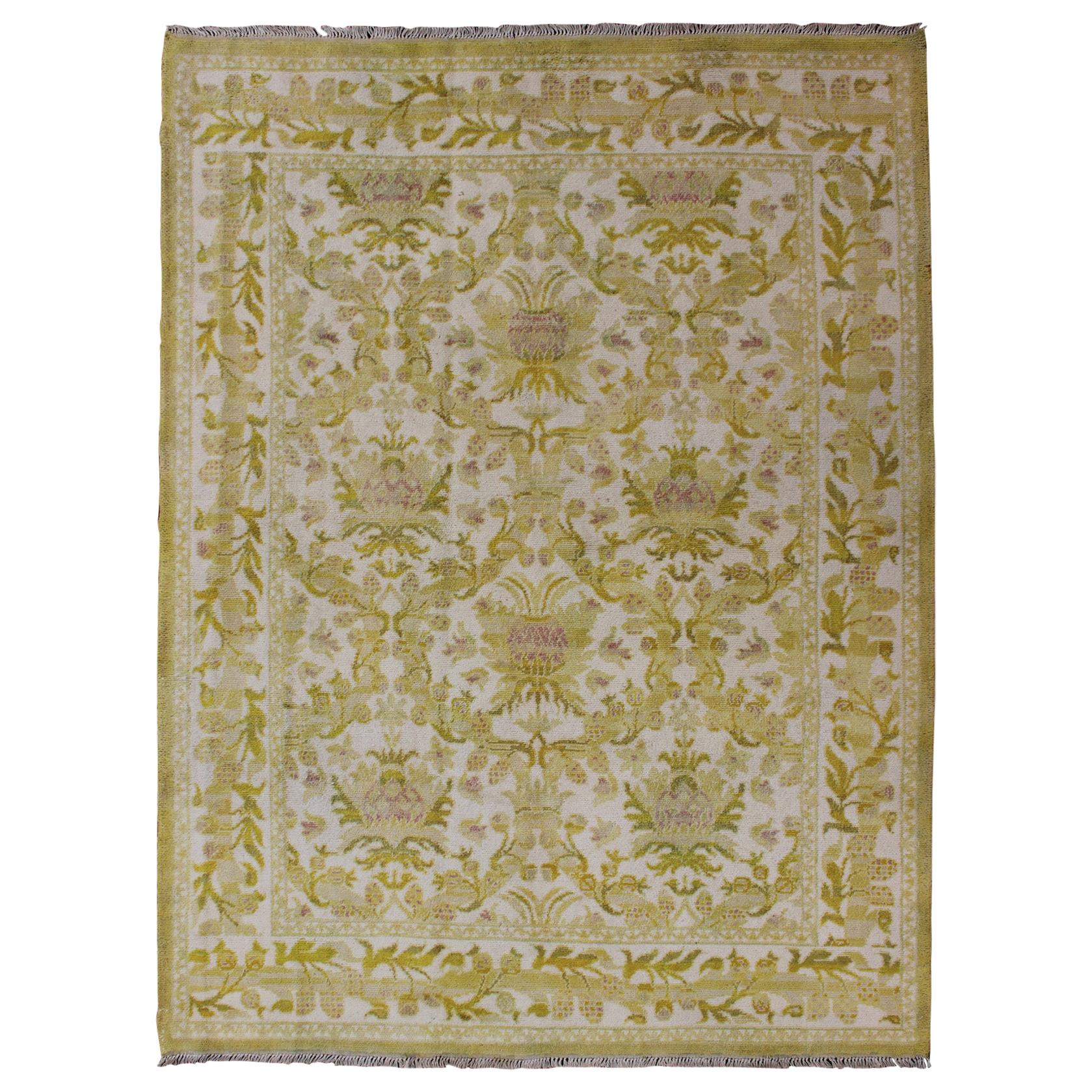 Elegant Spanish Rug with Floral Design in Golden-Green, Acid Green and White