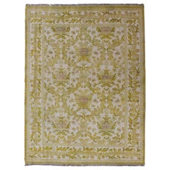 Elegant Spanish Rug with Floral Design in Golden-Green, Acid Green and White