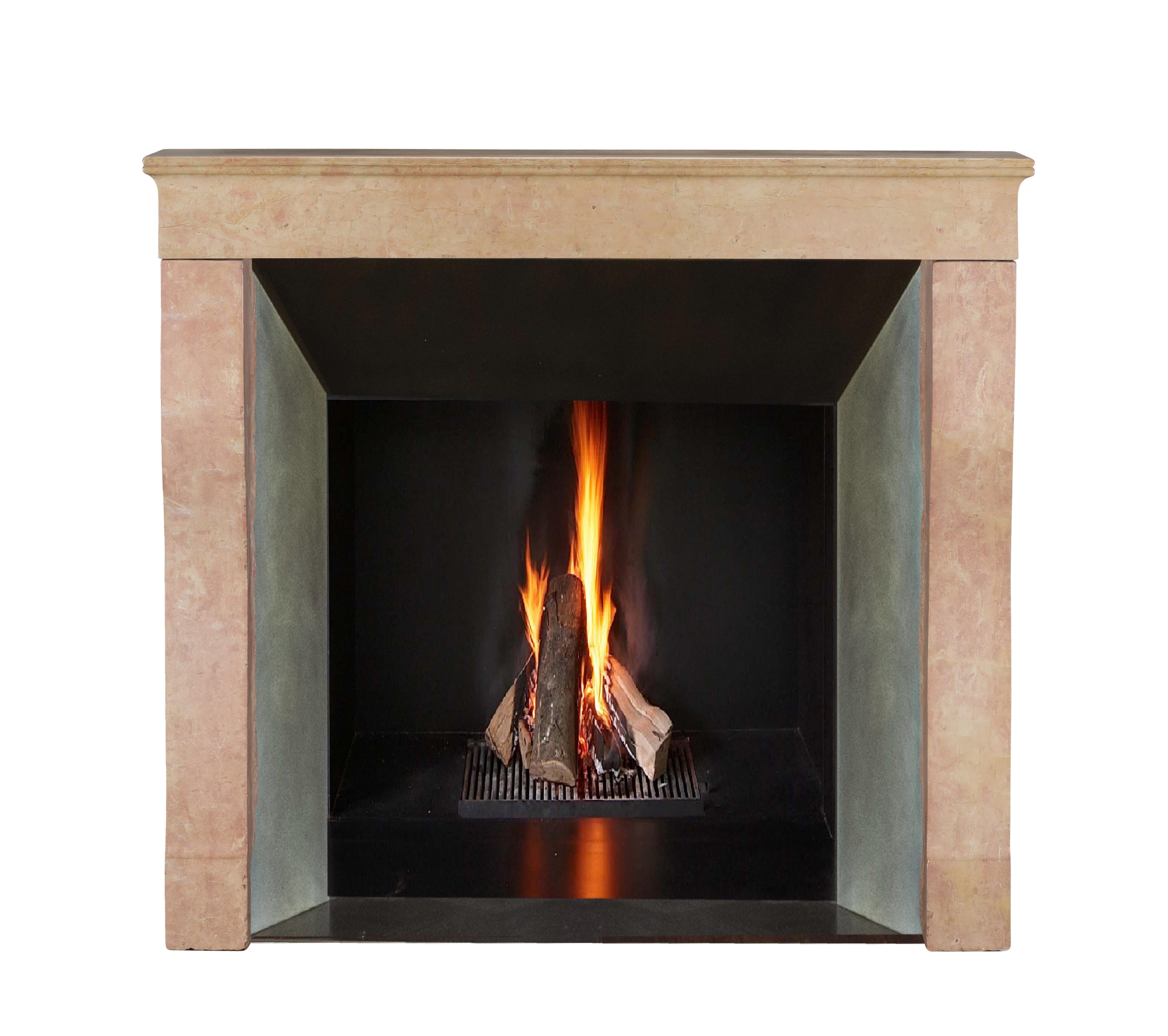 Hand-Carved Elegant Square Firebox Fireplace Mantel in Refined Pink Marble From France