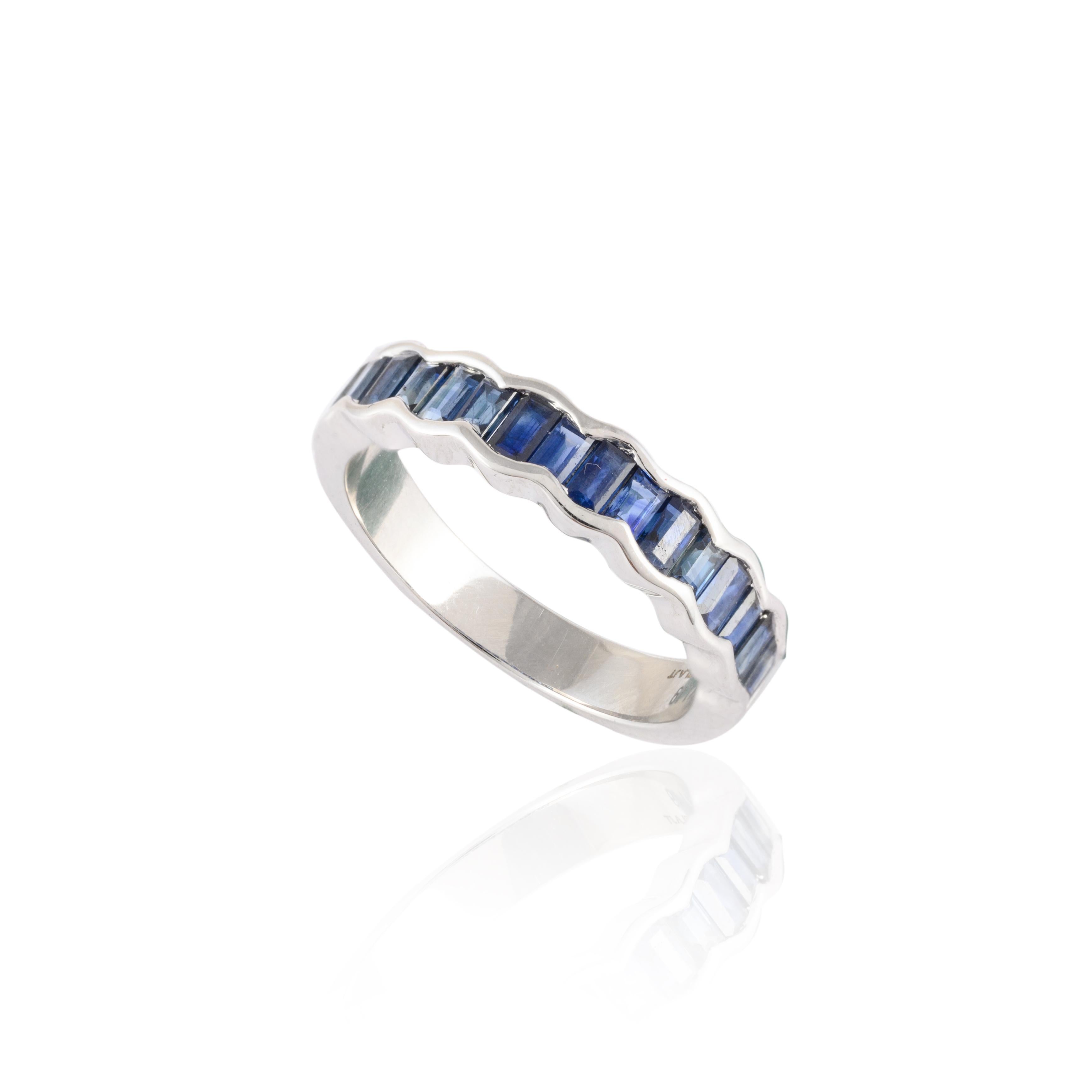 For Sale:  Elegant Stackable Blue Sapphire Gemstone Band Ring in 18k Solid White Gold 8