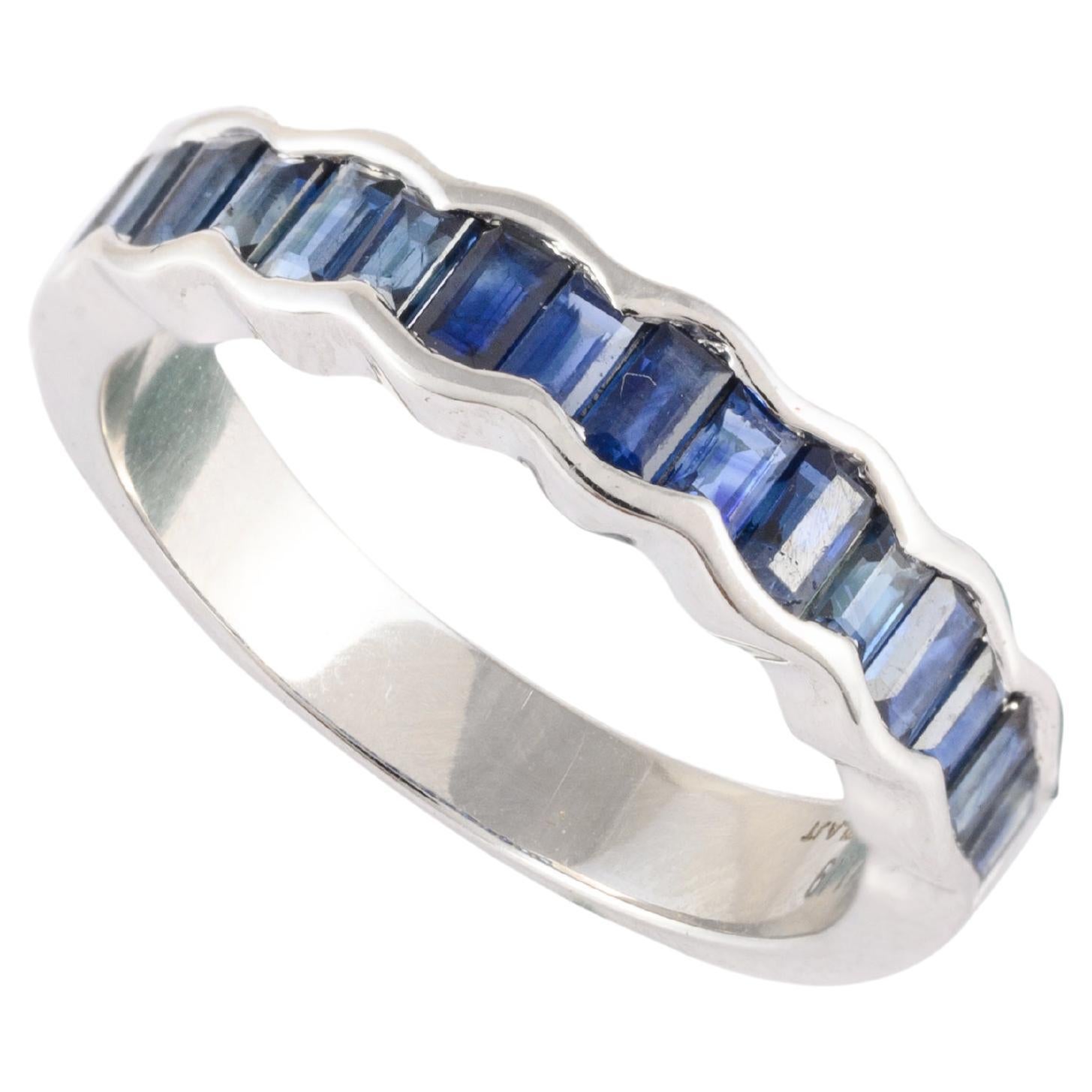 Elegant Stackable Blue Sapphire Gemstone Band Ring in 18k Solid White Gold