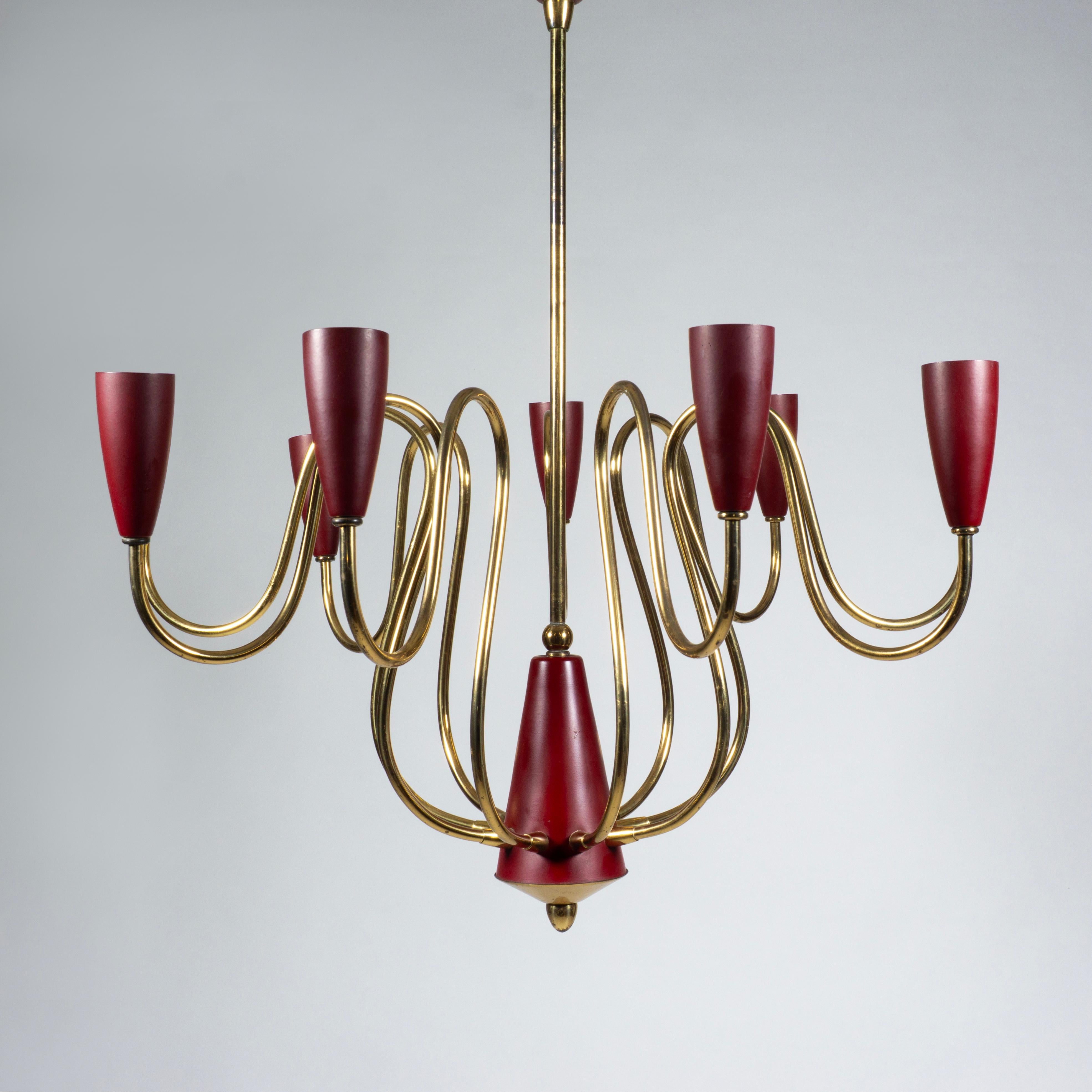 Mid-Century Modern Elegant Stilnovo Sputnik Chandelier Nine-Arm Brass Pendant Light, Italy 1950s For Sale