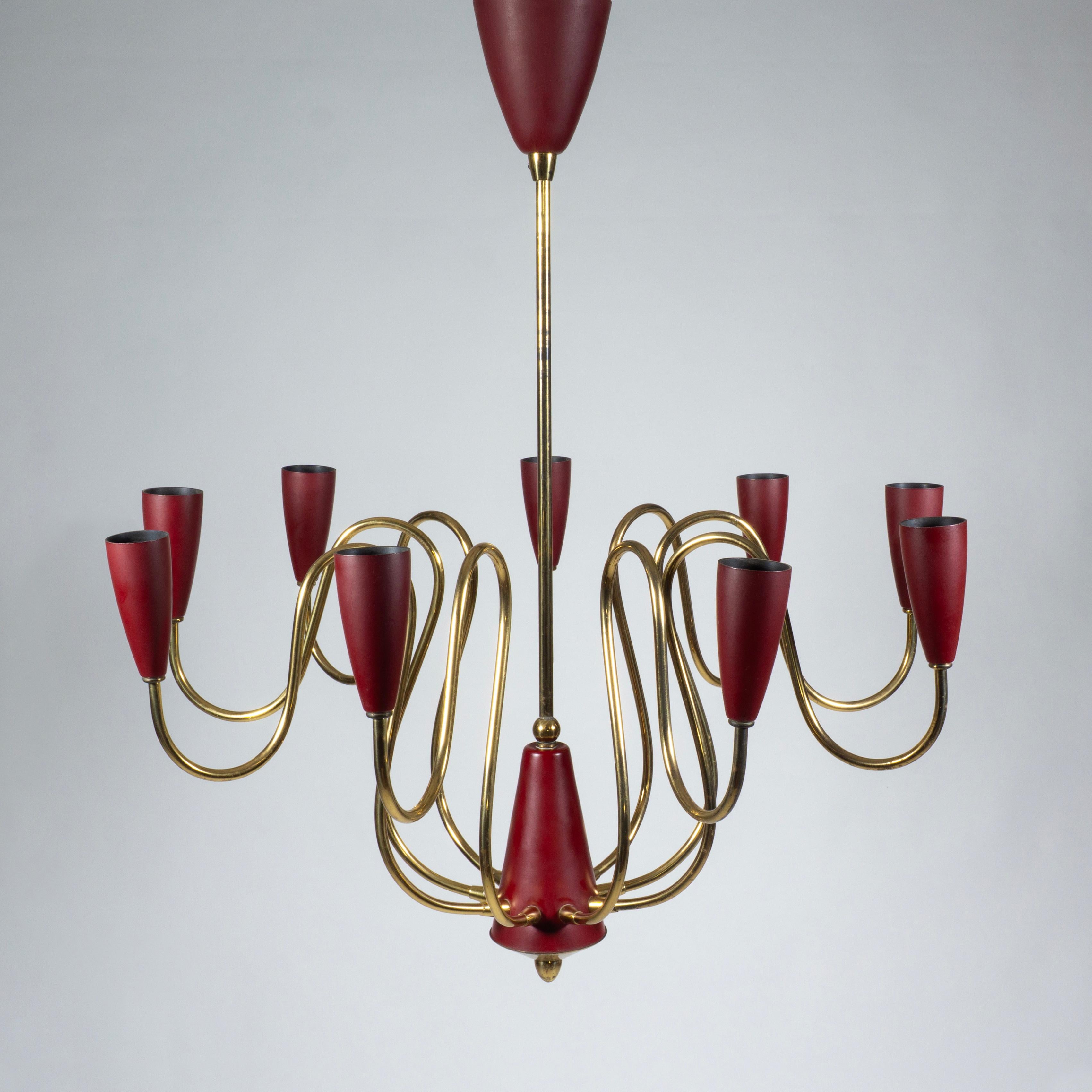 Elegant Stilnovo Sputnik Chandelier Nine-Arm Brass Pendant Light, Italy 1950s In Good Condition For Sale In Regensburg, DE