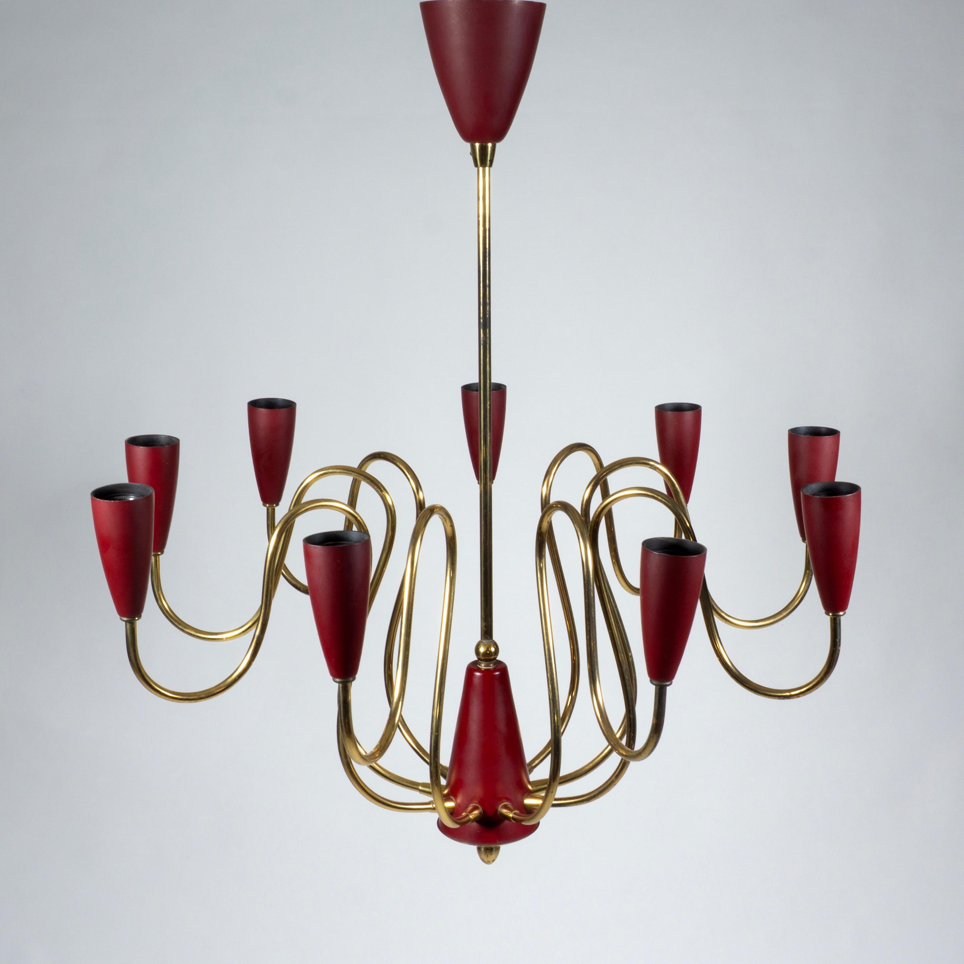 20th Century Elegant Stilnovo Sputnik Chandelier Nine-Arm Brass Pendant Light, Italy 1950s For Sale