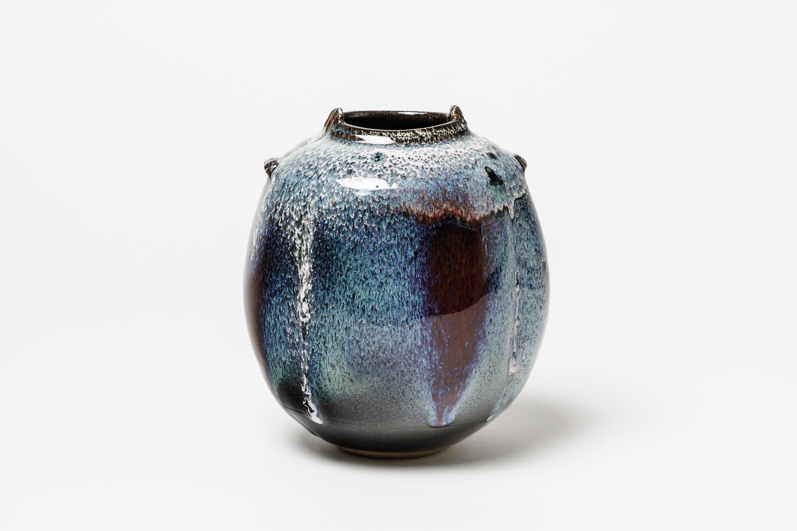 Mid-Century Modern Elegant Stoneware Ceramic Vase Blue and Purple Colors by Serge Cousseran