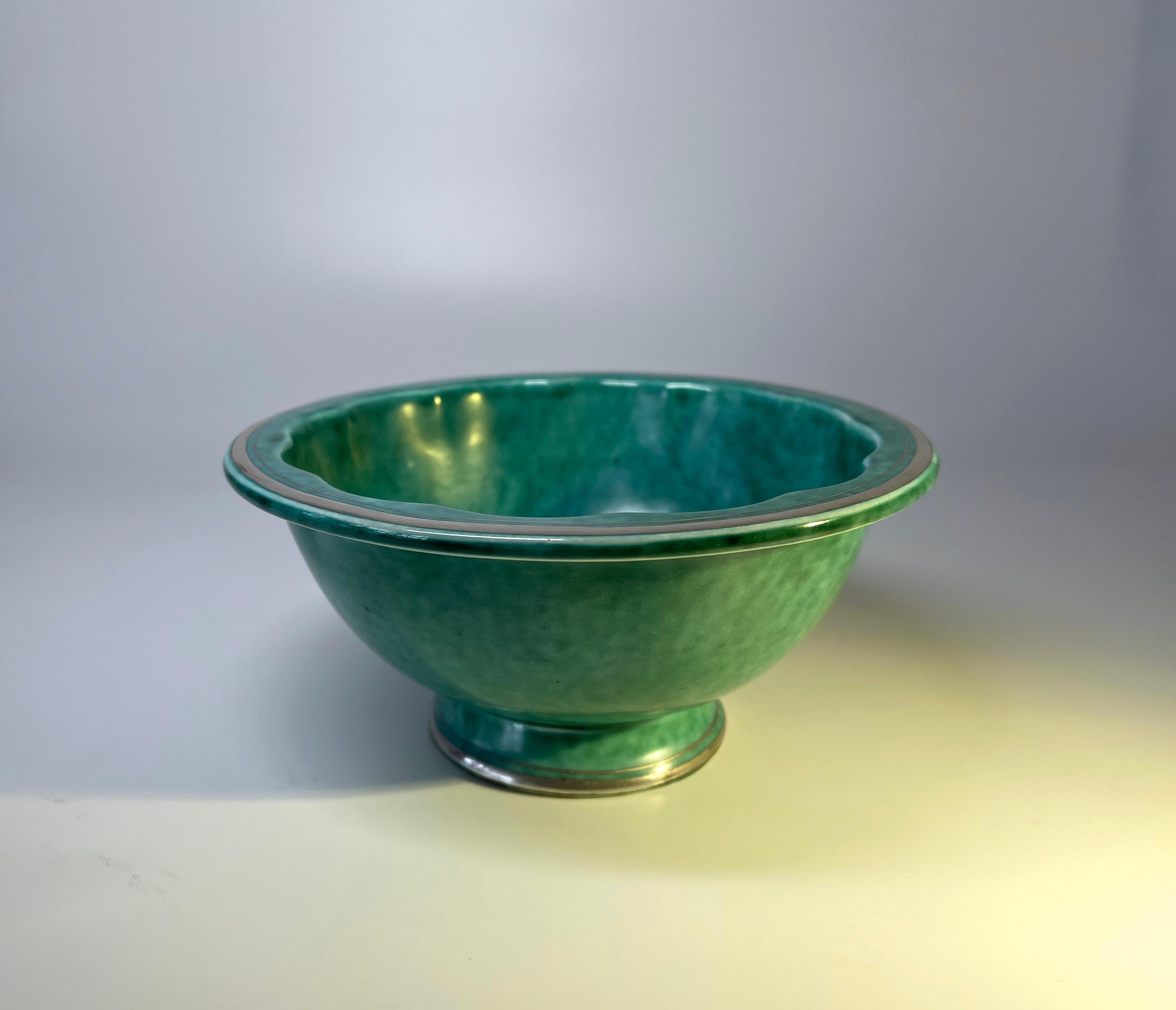 Art Déco Elegante fruttiera in gres, argento applicato, Wilhelm Kage, Argenta, Gustavsberg in vendita