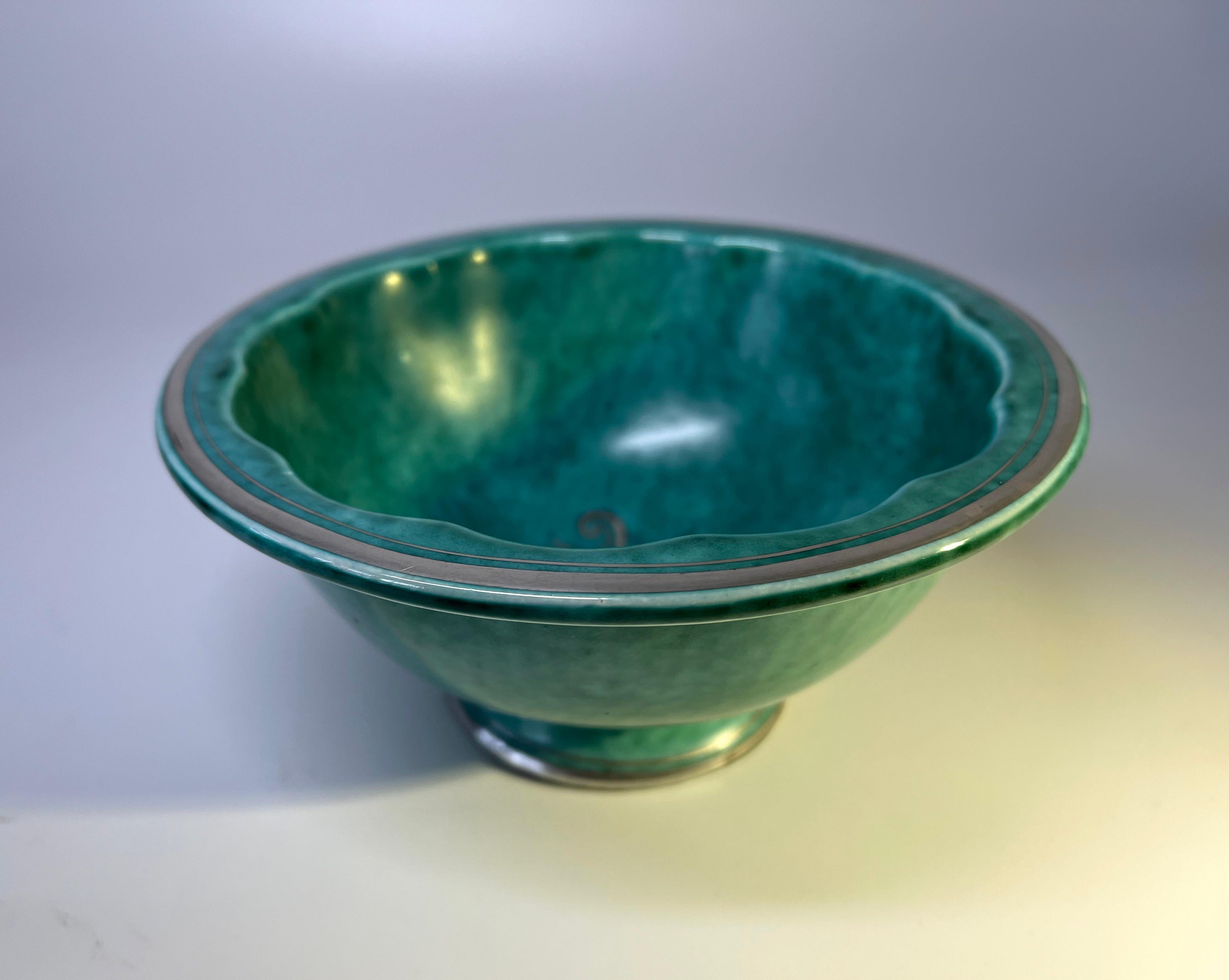 Art Deco Elegant Stoneware Fruit Bowl, Applied Silver, Wilhelm Kage, Argenta, Gustavsberg For Sale