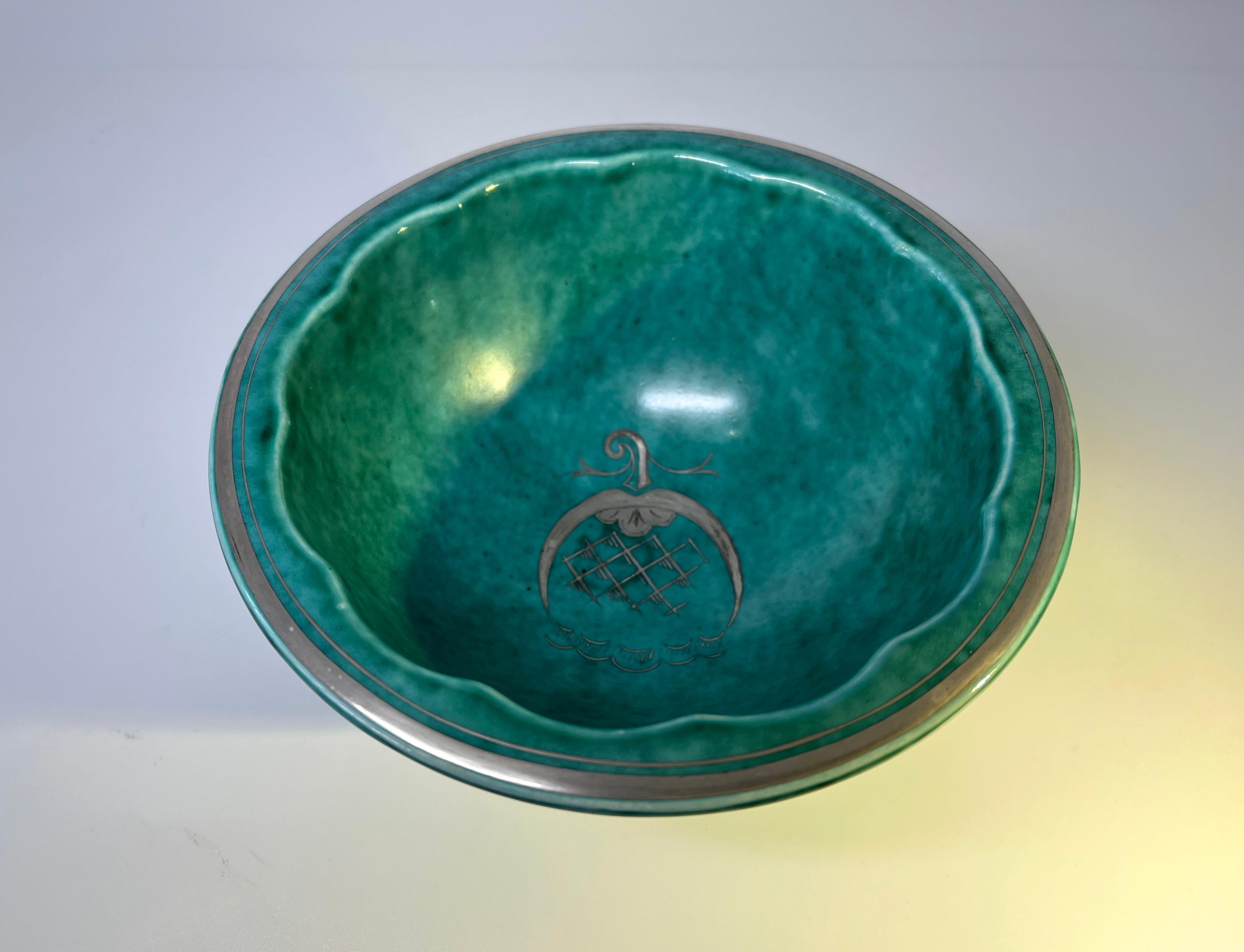 Swedish Elegant Stoneware Fruit Bowl, Applied Silver, Wilhelm Kage, Argenta, Gustavsberg For Sale
