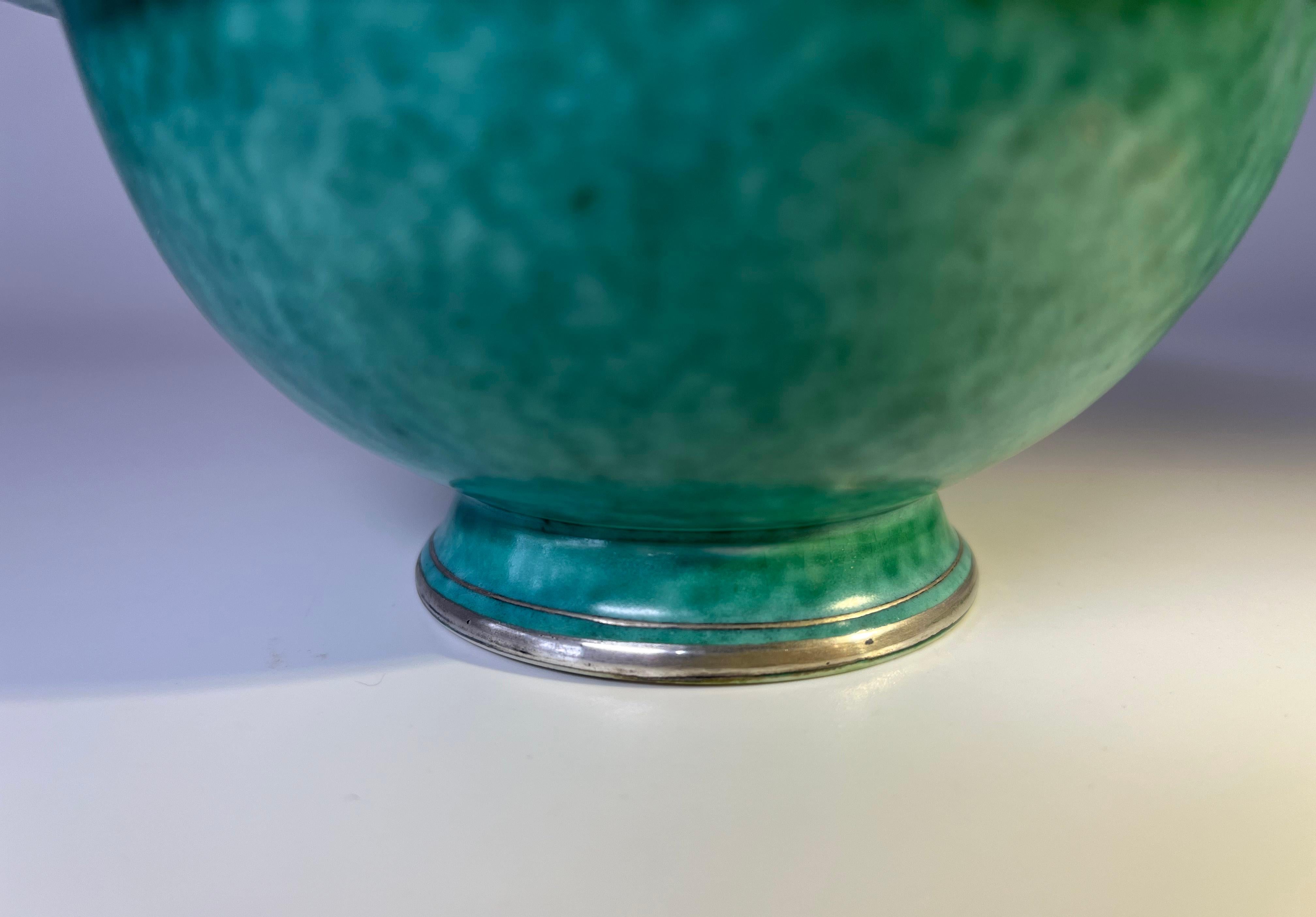 Glazed Elegant Stoneware Fruit Bowl, Applied Silver, Wilhelm Kage, Argenta, Gustavsberg For Sale