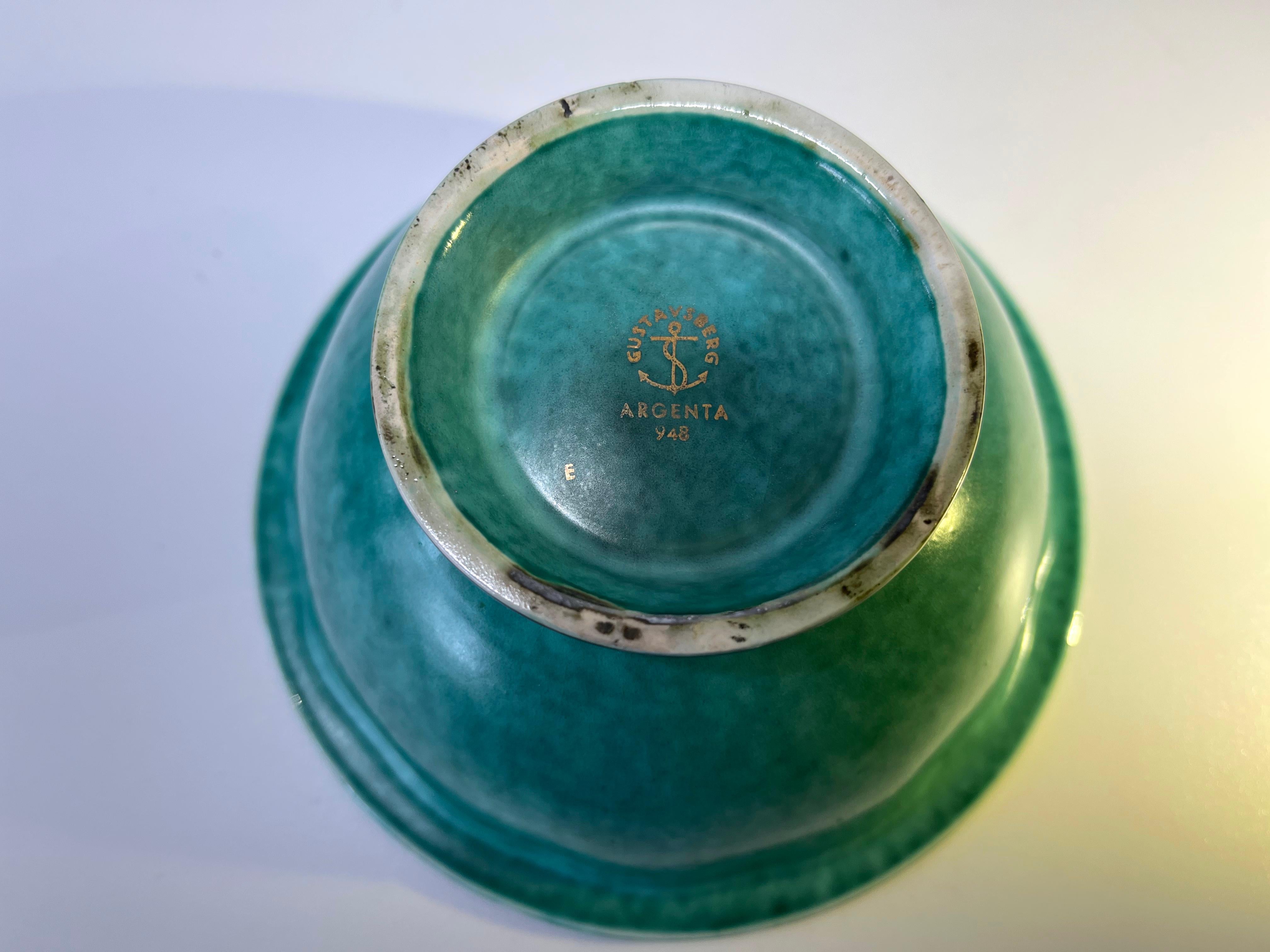 20th Century Elegant Stoneware Fruit Bowl, Applied Silver, Wilhelm Kage, Argenta, Gustavsberg For Sale