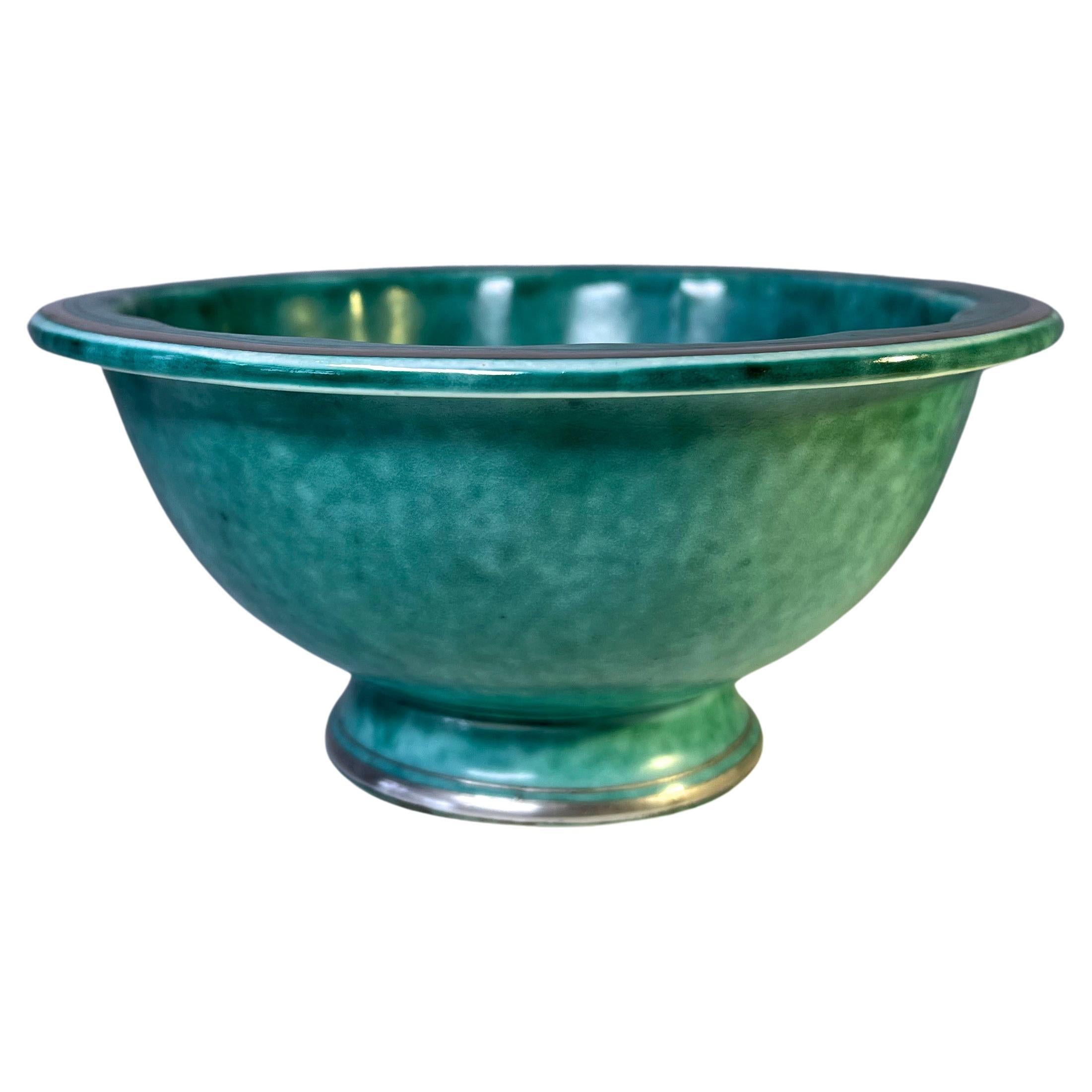 Elegant Stoneware Fruit Bowl, Applied Silver, Wilhelm Kage, Argenta, Gustavsberg For Sale