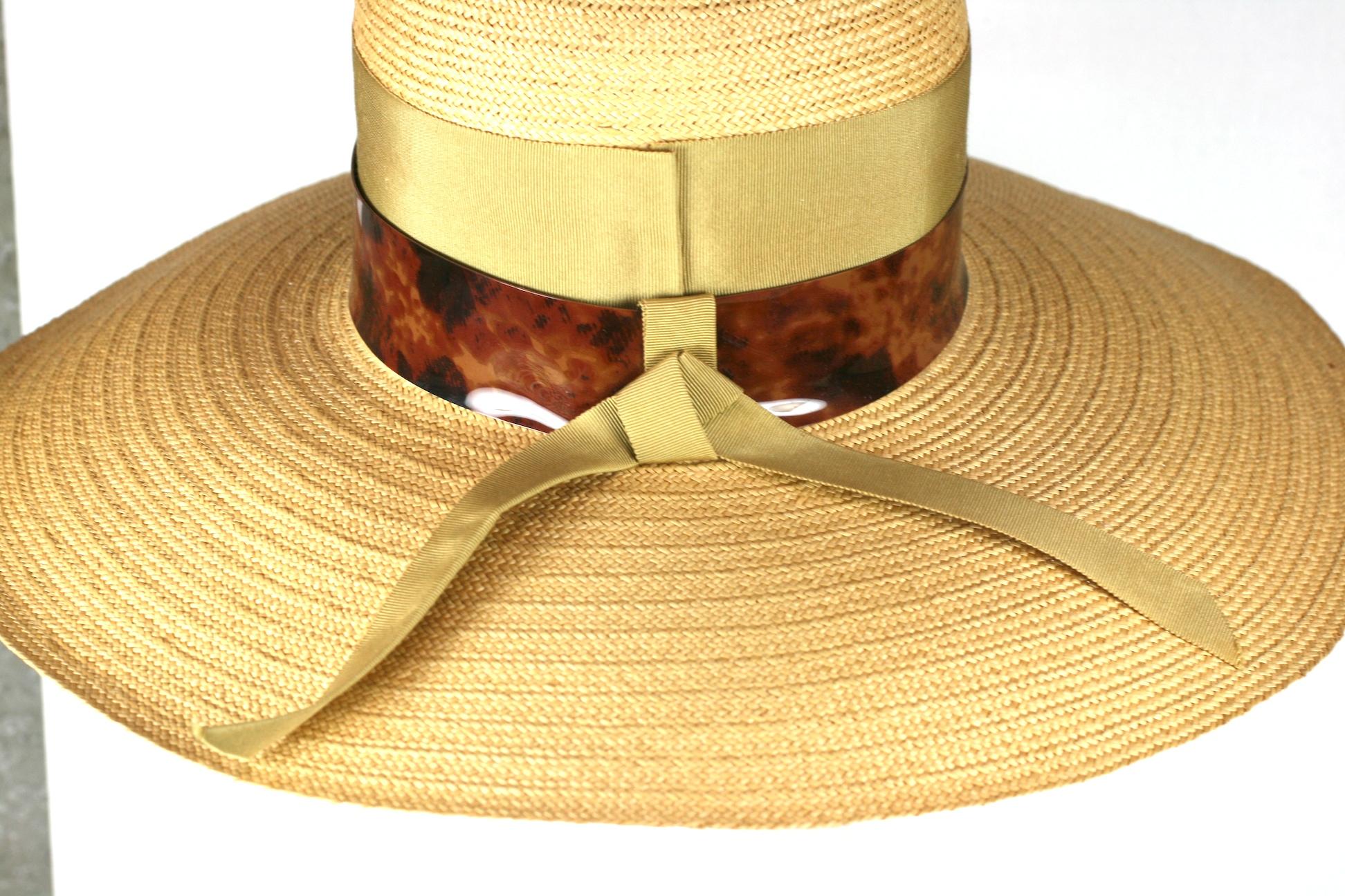 Brown Elegant Straw Hat with Faux Tortoise Band For Sale