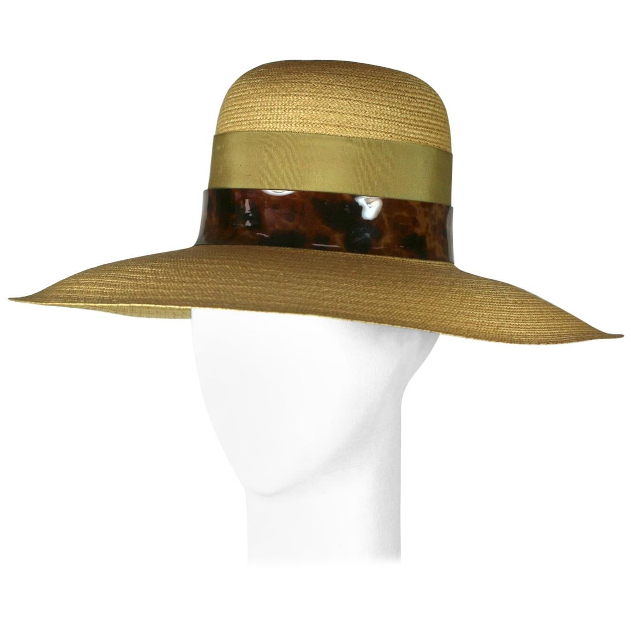 Elegant Straw Hat with Faux Tortoise Band