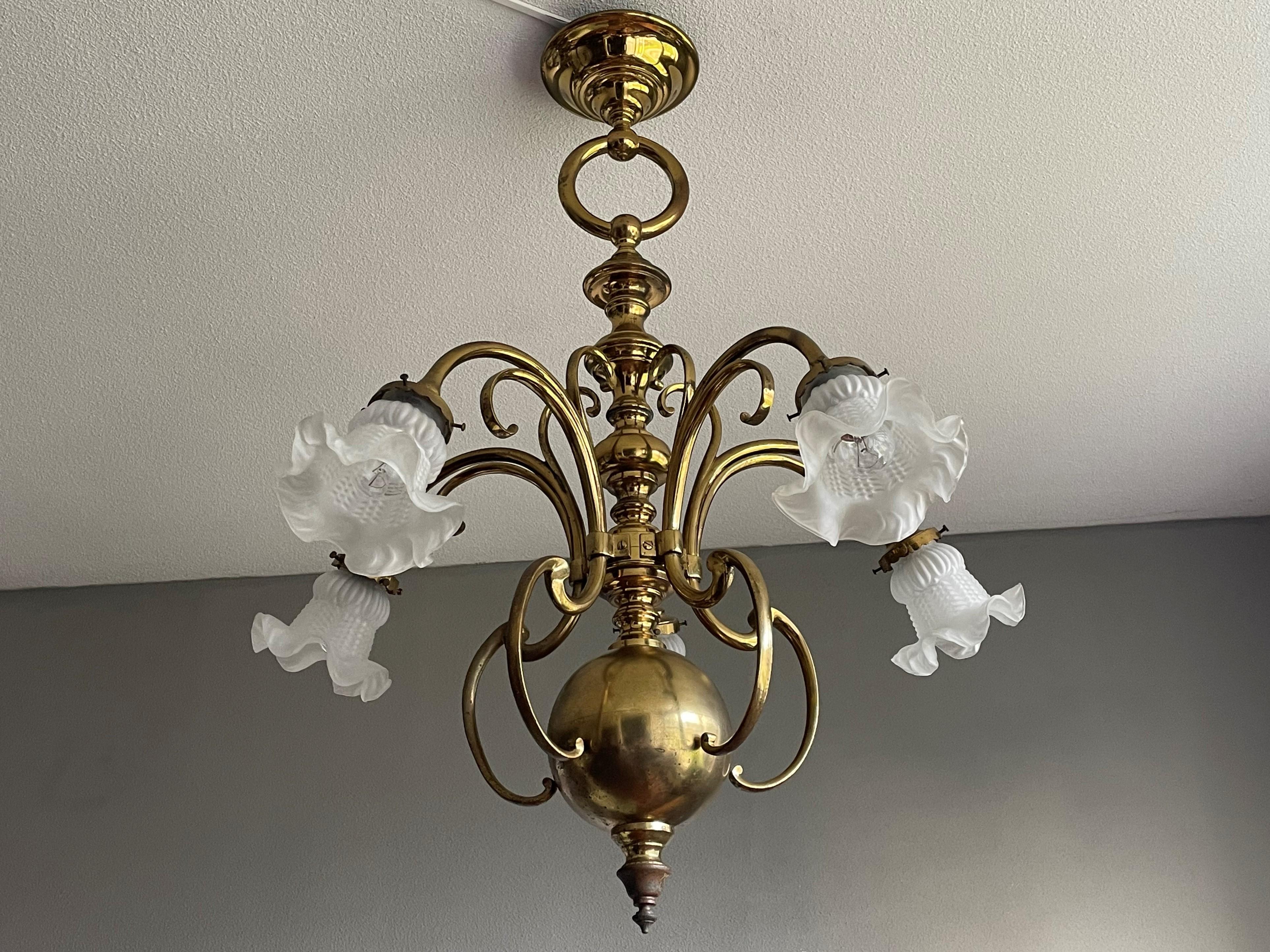 Elegant & Super Stylish Bronze & Brass Art Nouveau Chandelier w. Glass Shades For Sale 10