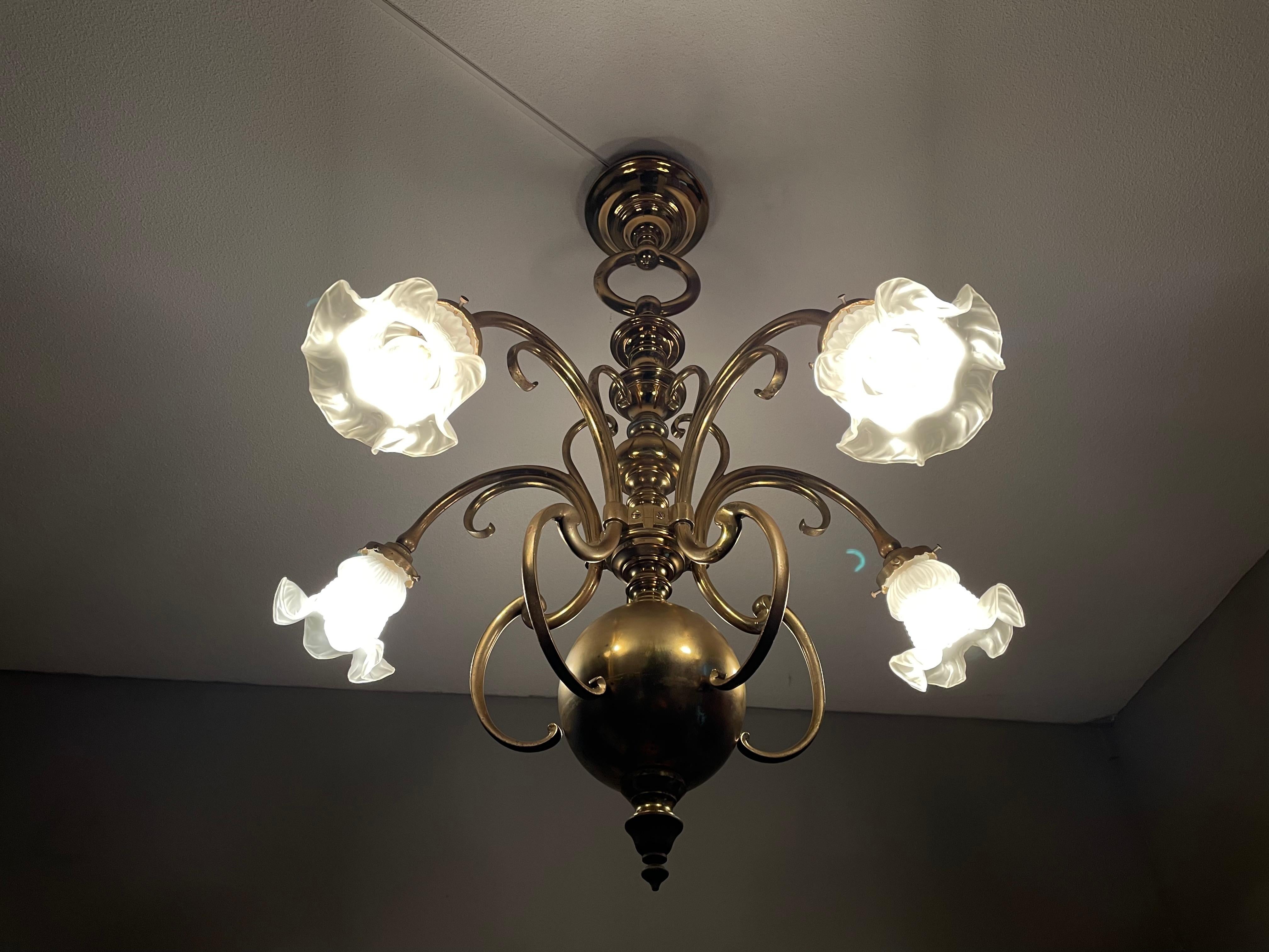 Elegant & Super Stylish Bronze & Brass Art Nouveau Chandelier w. Glass Shades For Sale 1