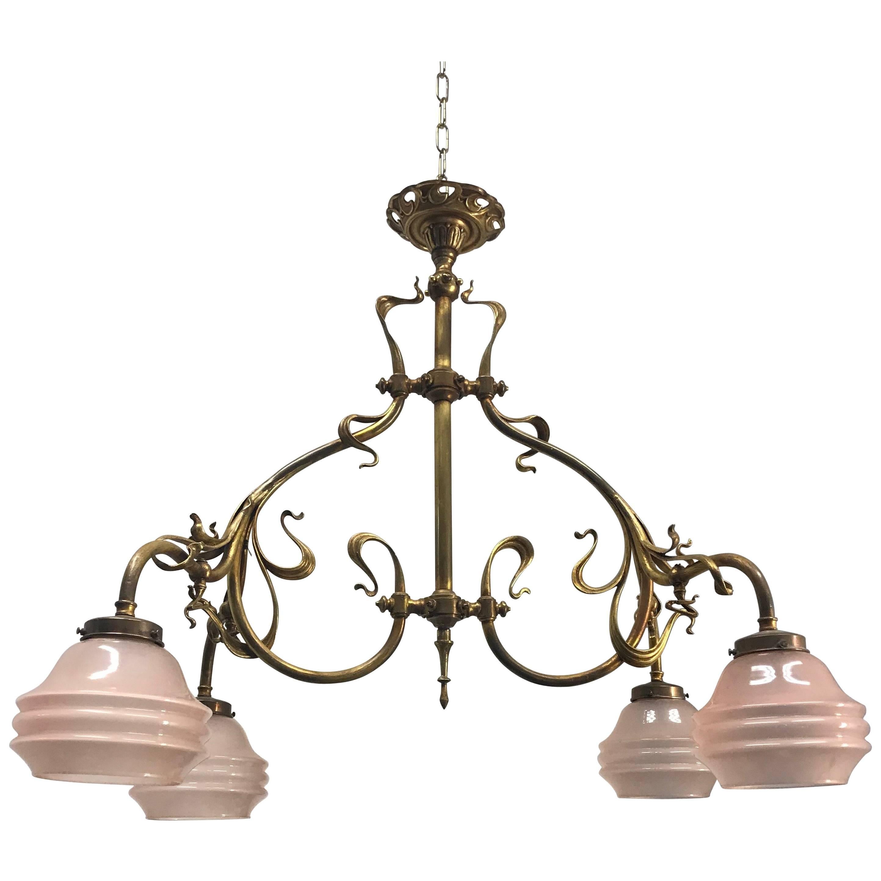Elegant 
Super Stylish Electrified Bronze and Brass Art Nouveau Gas Chandelier