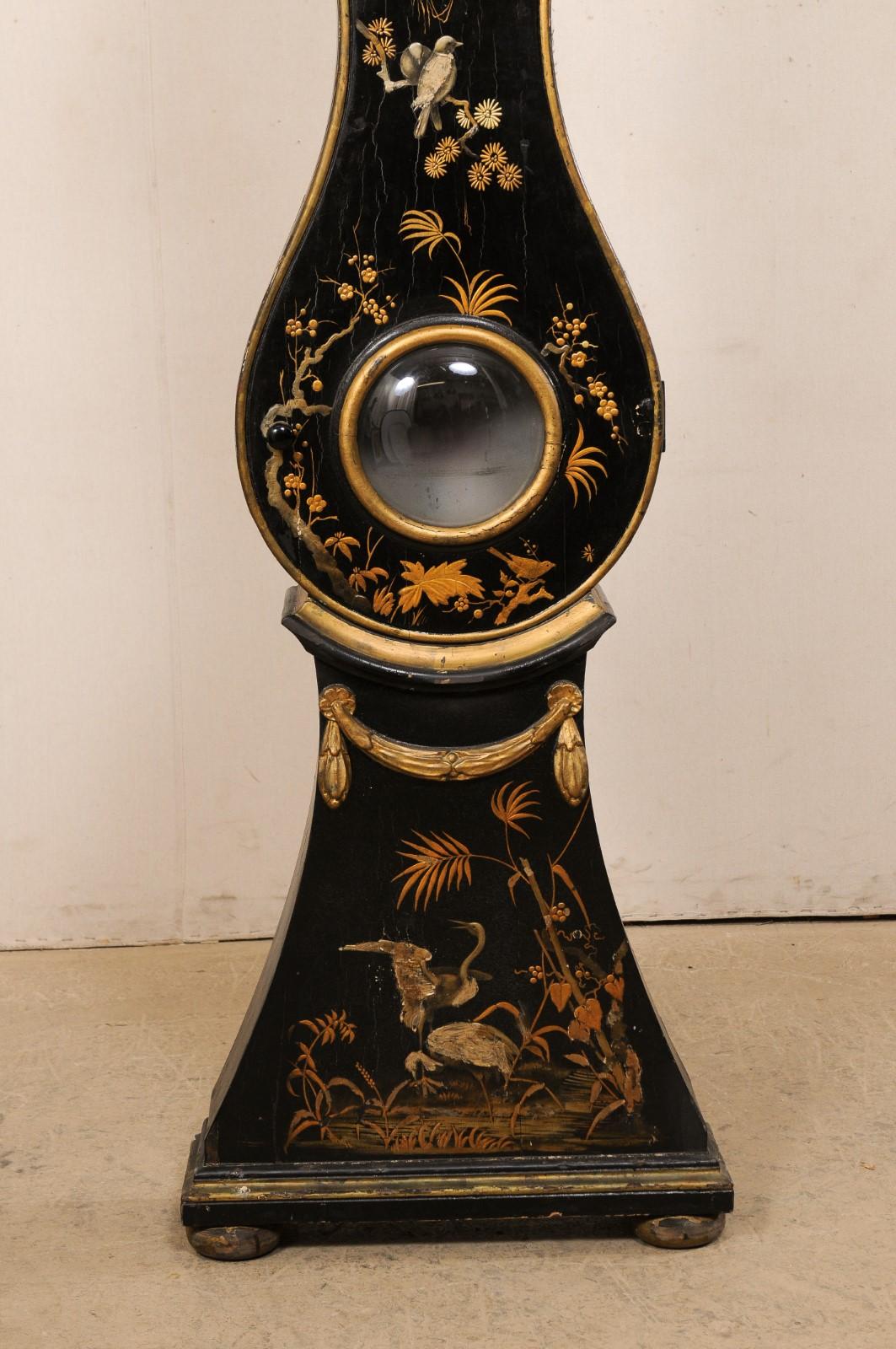 Wood Elegant Swedish Floor Clock Adorn in Nature-Inspired Chinoiserie, Early 19th C For Sale