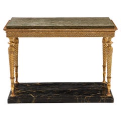 Elegant Swedish Gilt Wood Neoclassical Console Table with Green Marble Top.