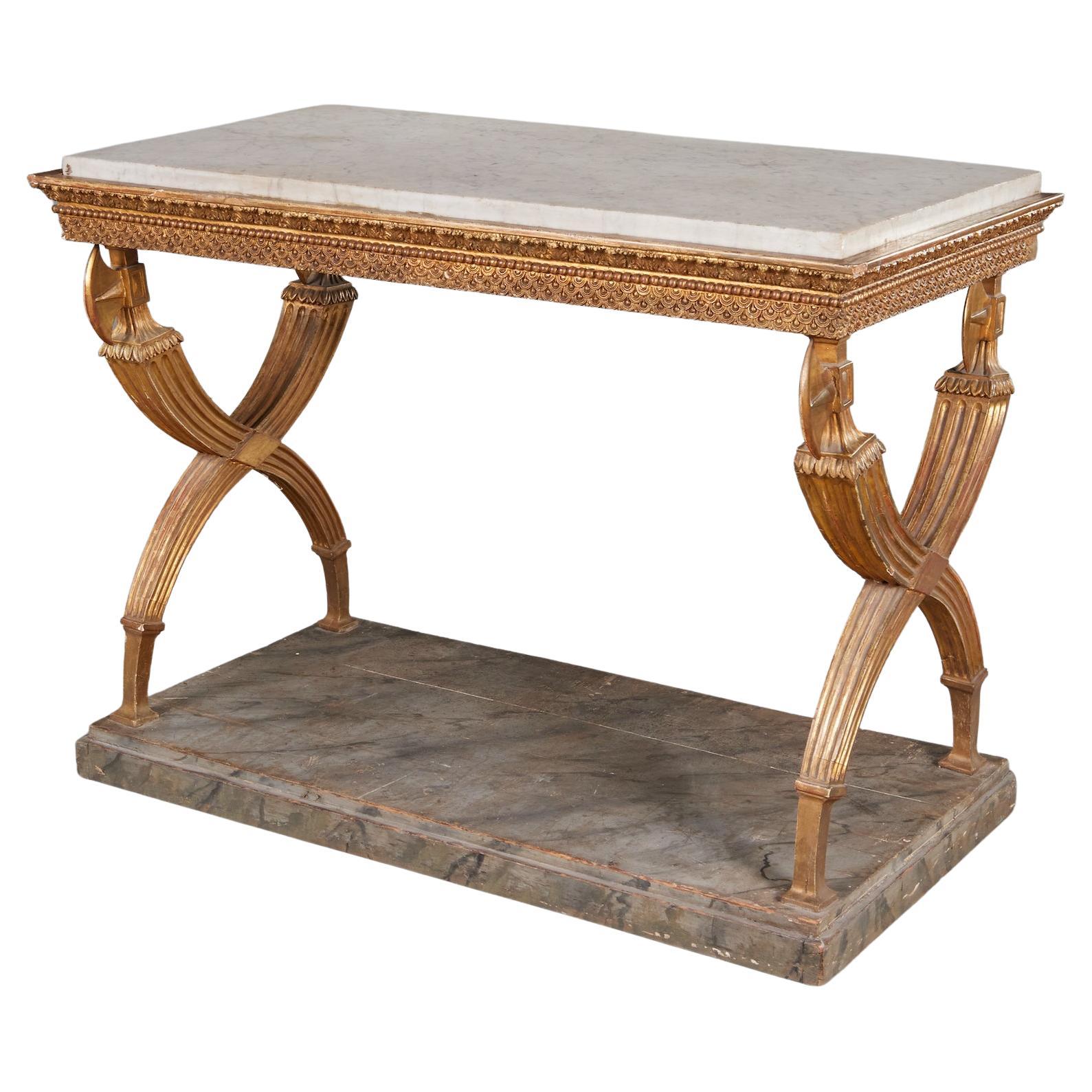 Table console noclassique sudoise lgante en bois dor avec plateau en marbre