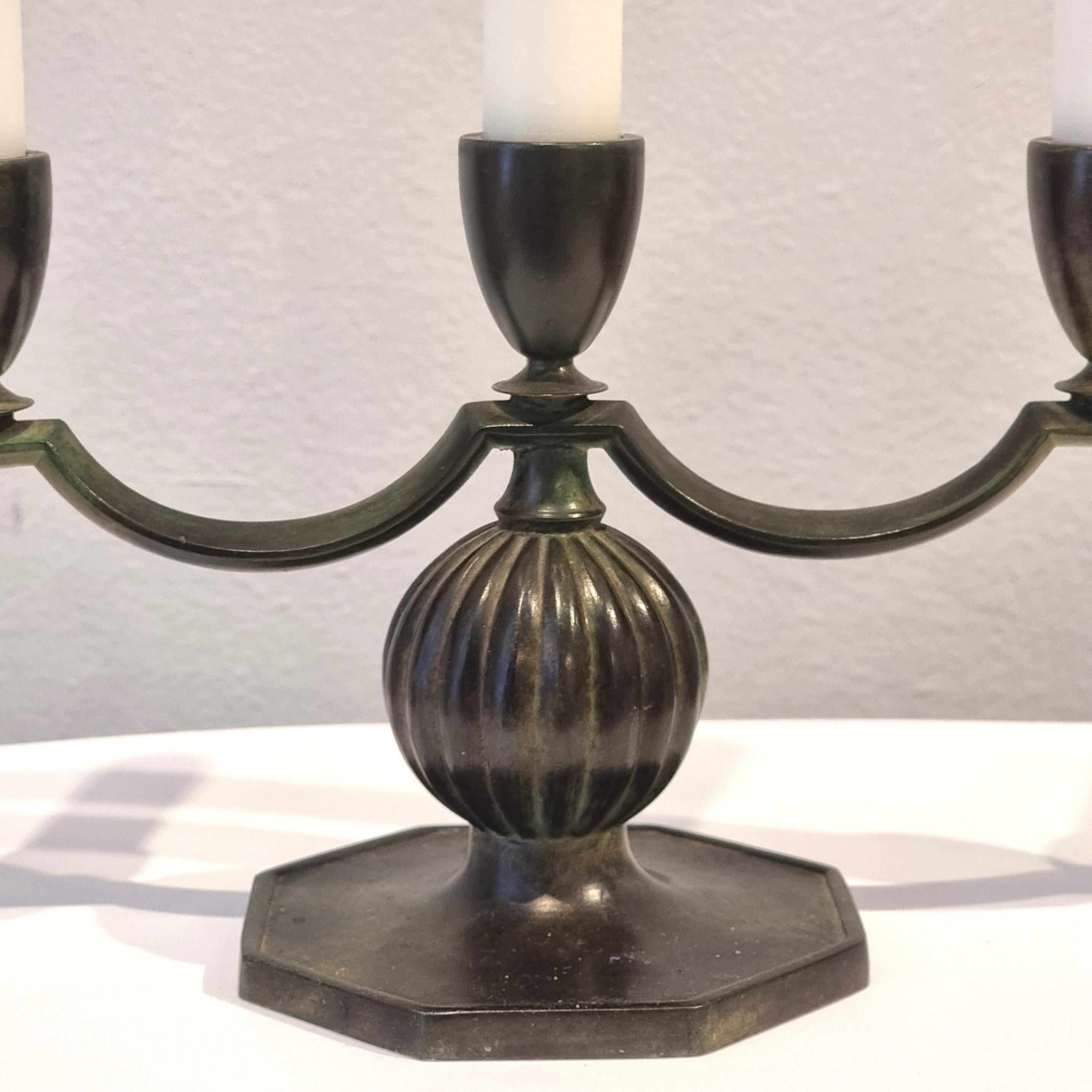 Art Deco Elegant Swedish Grace candelabra in solid bronze by Jacob Ängman, GAB For Sale