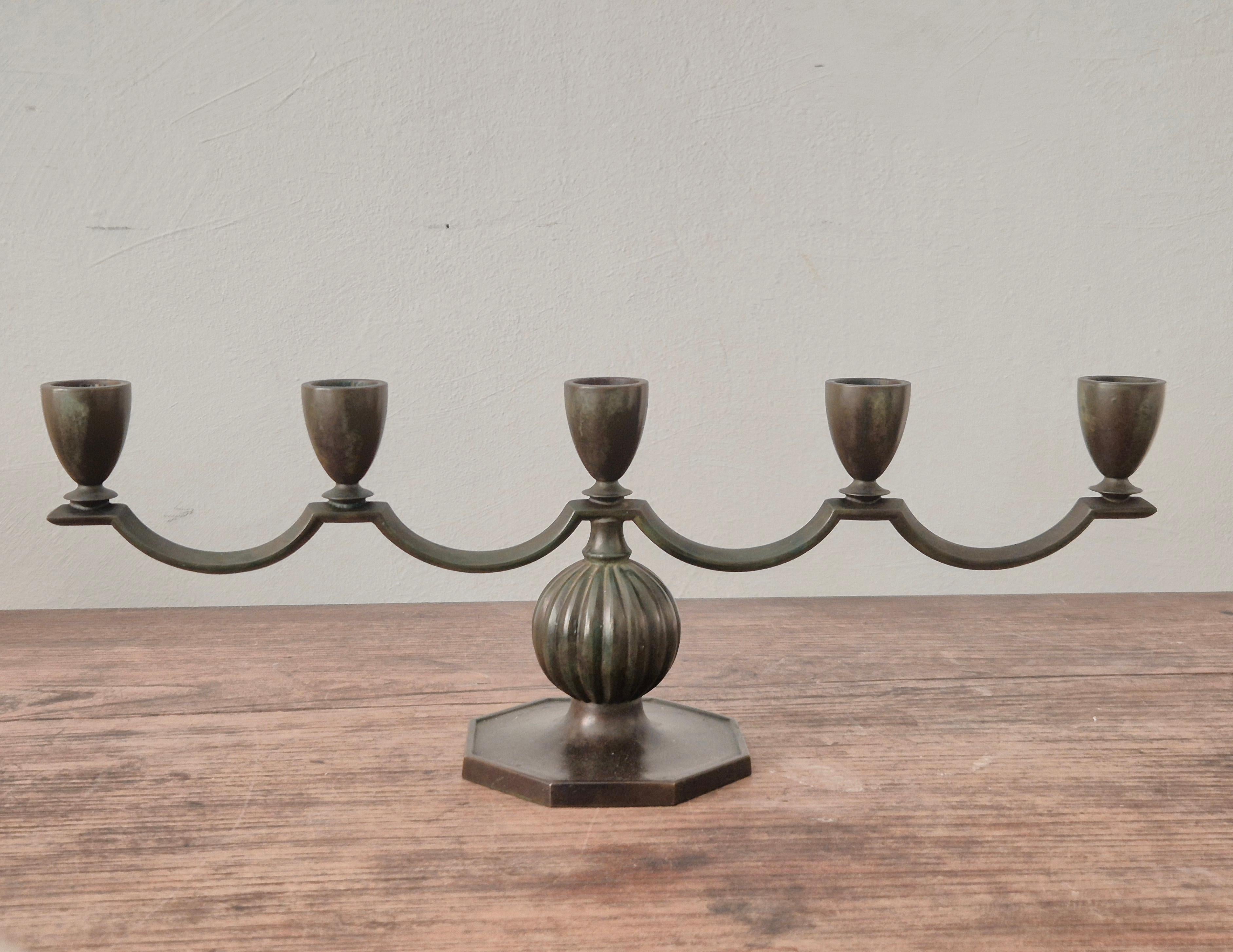 Art Deco Elegant Swedish Grace candelabra in solid bronze by Jacob Ängman, GAB For Sale